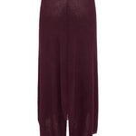 A burgundy knit midi skirt with a high-low hemline, displayed against a solid white background.