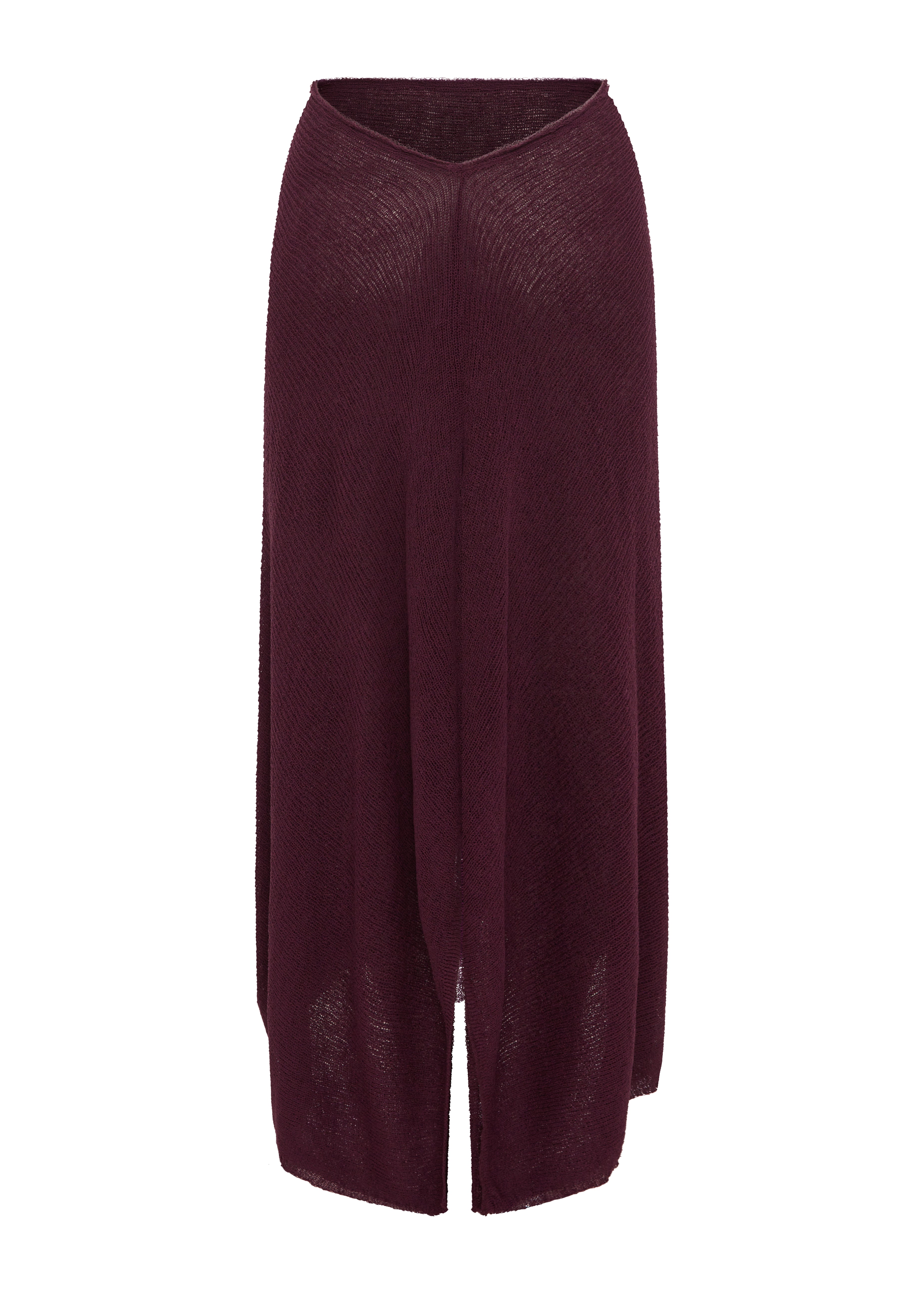 A burgundy knit midi skirt with a high-low hemline, displayed against a solid white background.