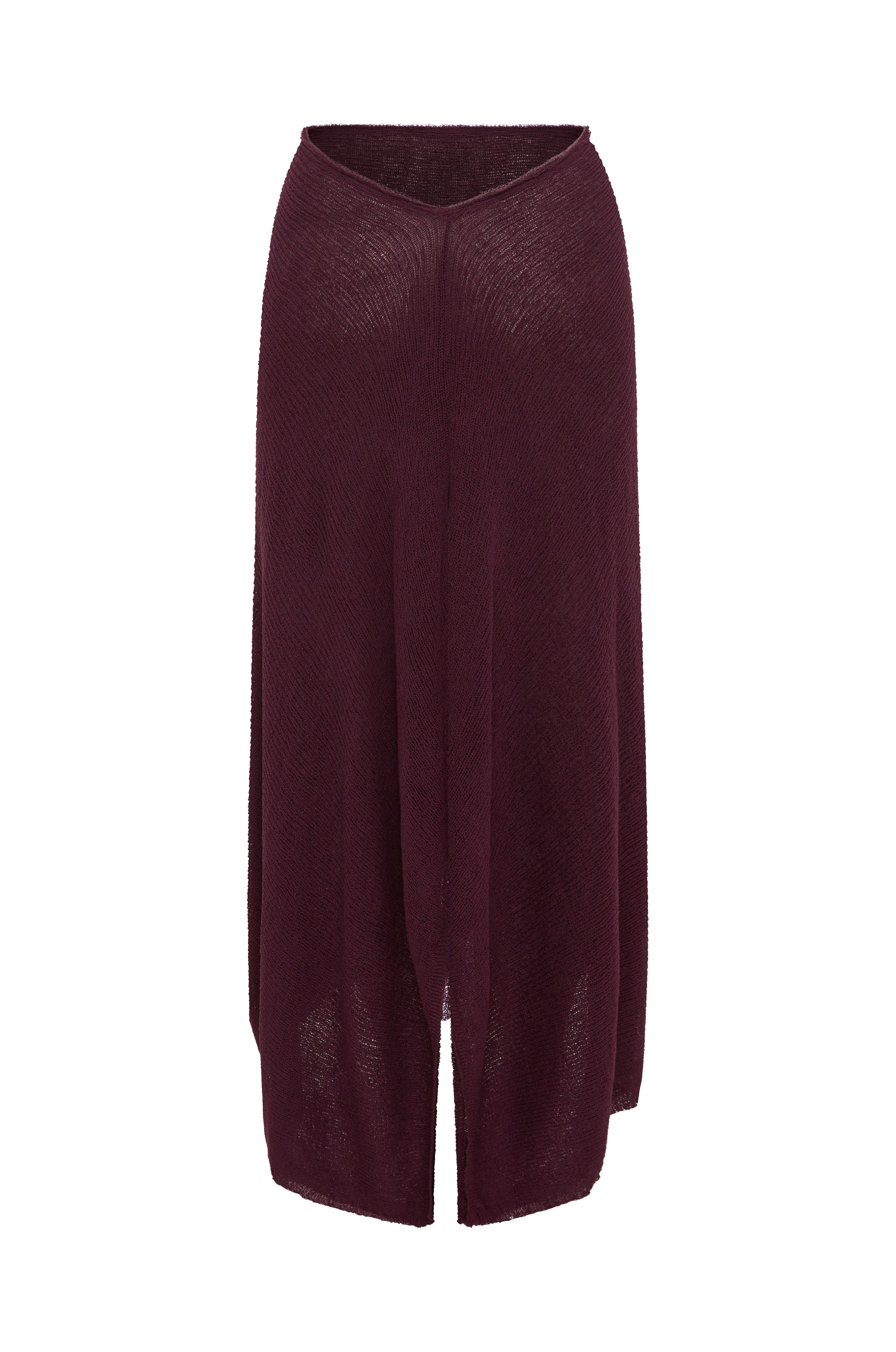 A burgundy knit midi skirt with a high-low hemline, displayed against a solid white background.