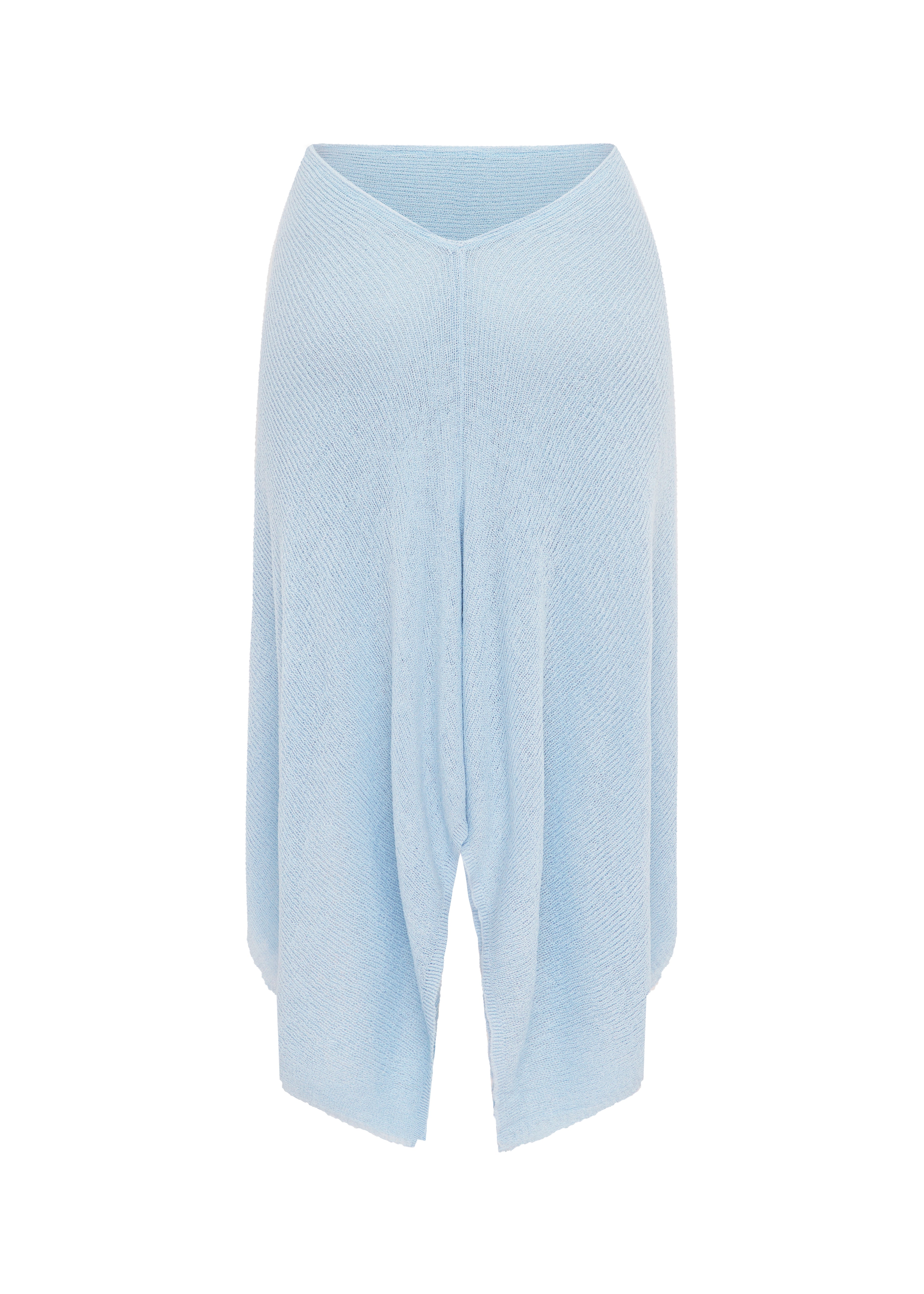 Back image of light blue sheer midi skirt on a white background.
