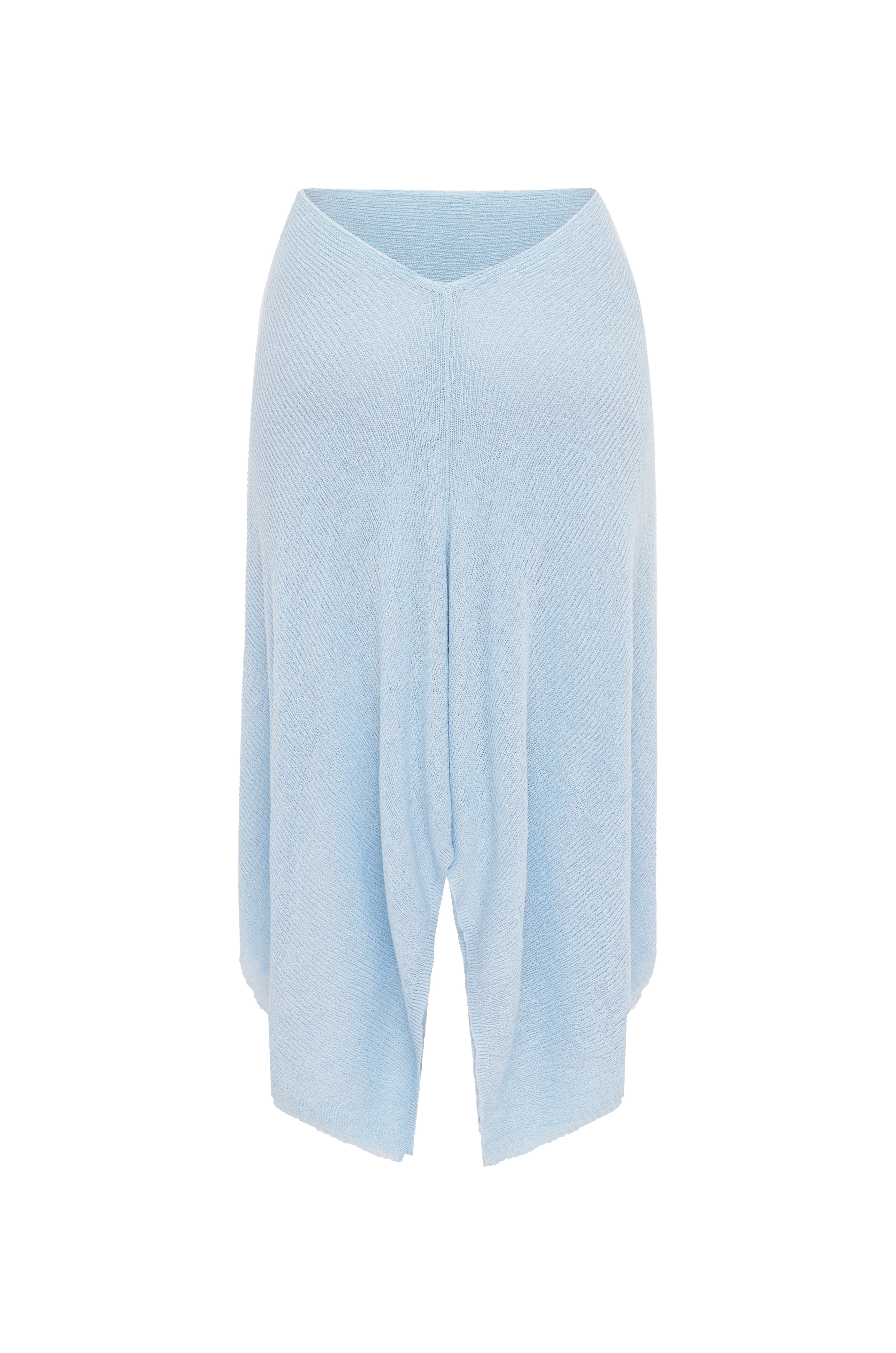 Back image of light blue sheer midi skirt on a white background.