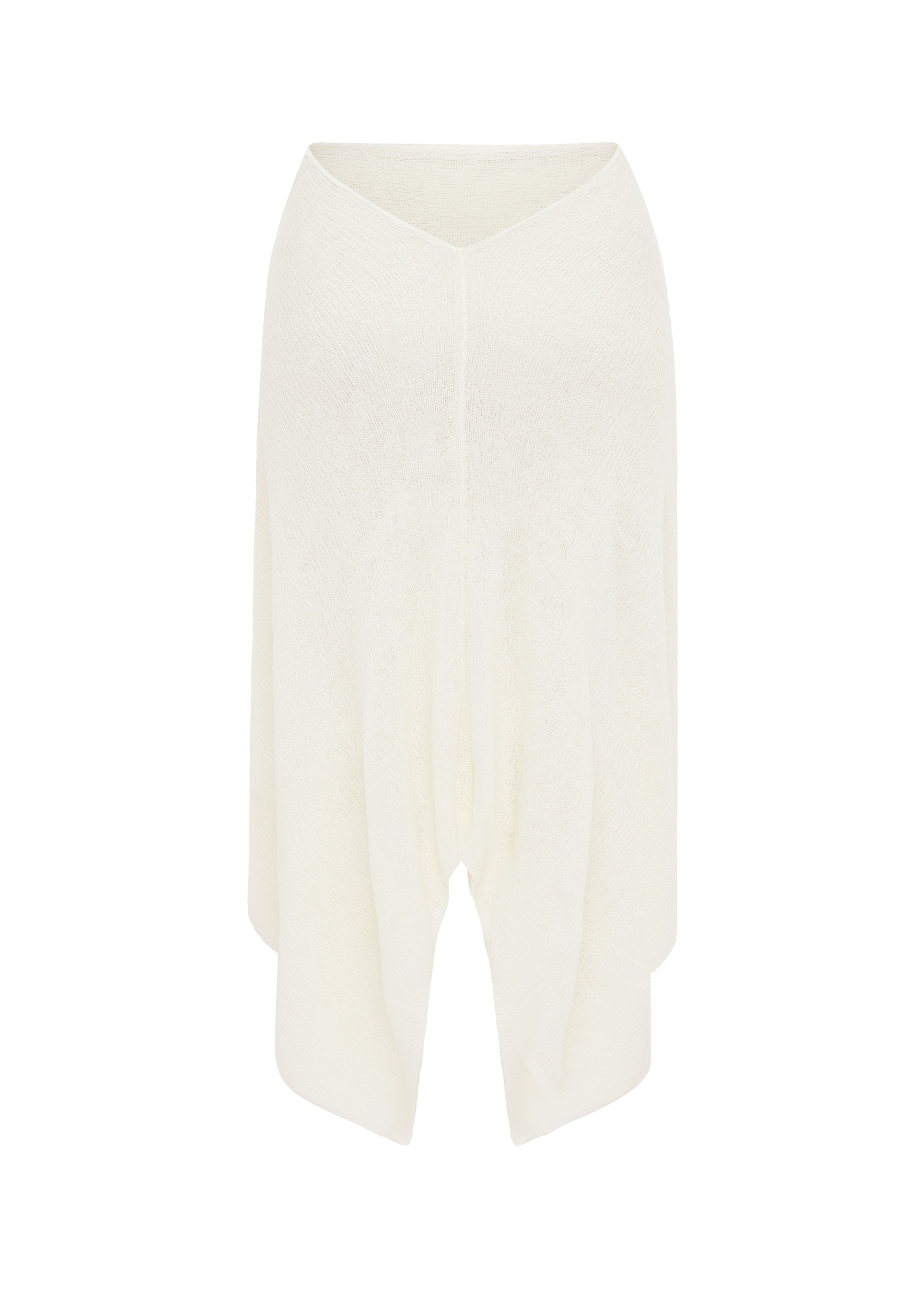 Ivory knit midi skirt with a V-back and draped, asymmetrical hem, shown against a plain white background.