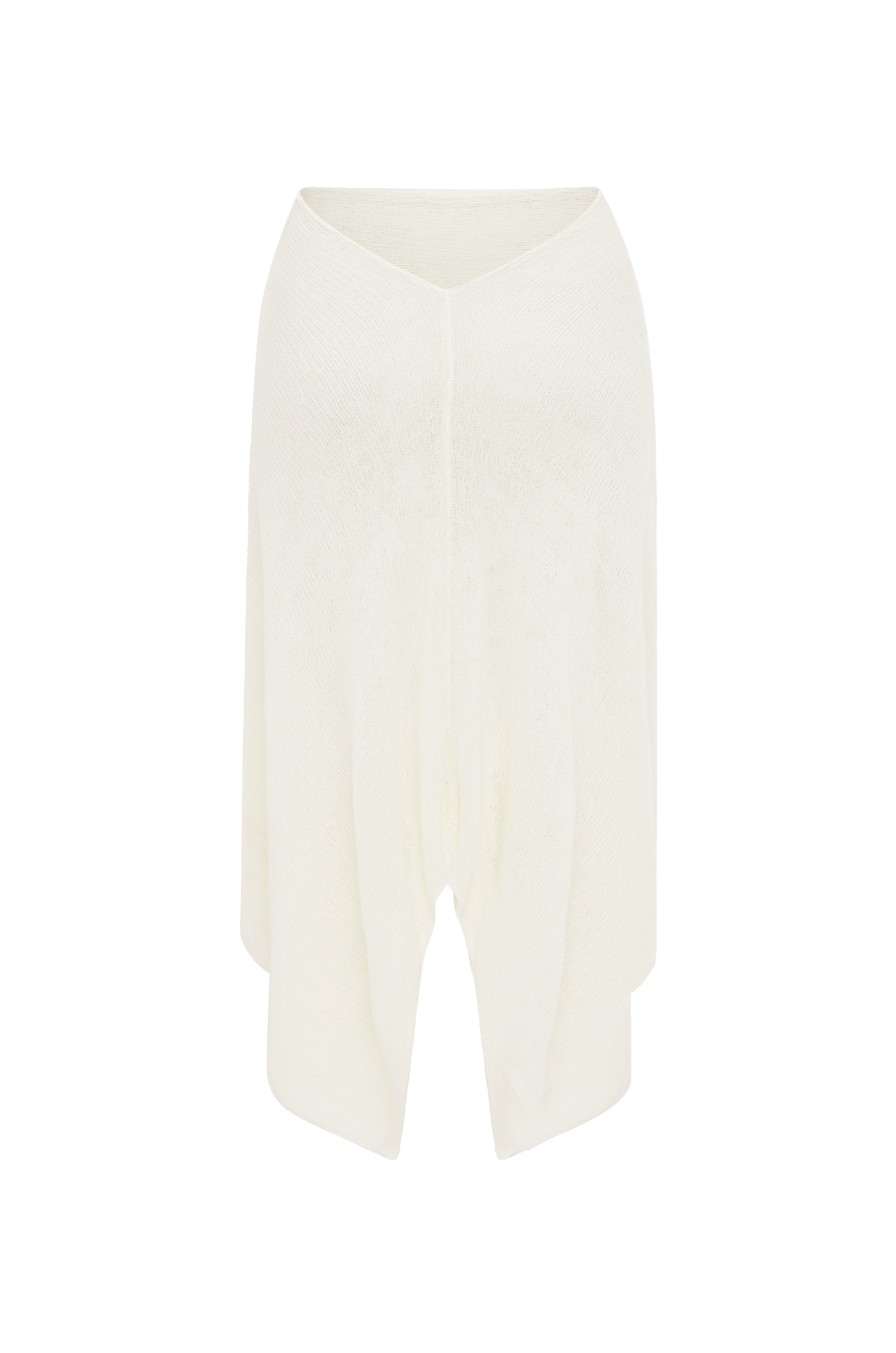 Ivory knit midi skirt with a V-back and draped, asymmetrical hem, shown against a plain white background.