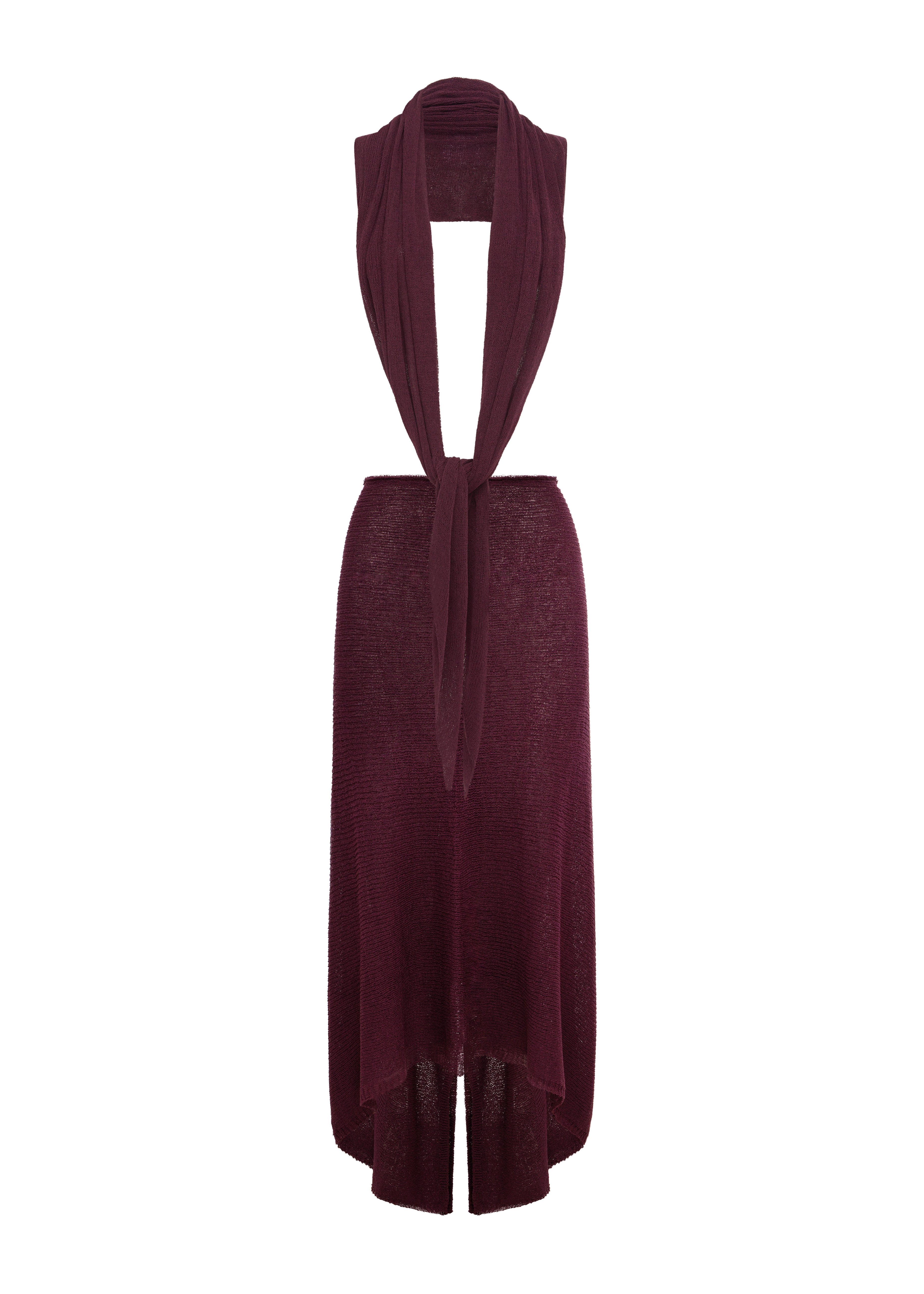 A burgundy knit midi skirt with a high-low hemline with a matching top, displayed against a solid white background.