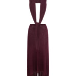 A burgundy knit draped top over a mannequin neck, styled back with a matching midi skirt, shown on a plain white background.