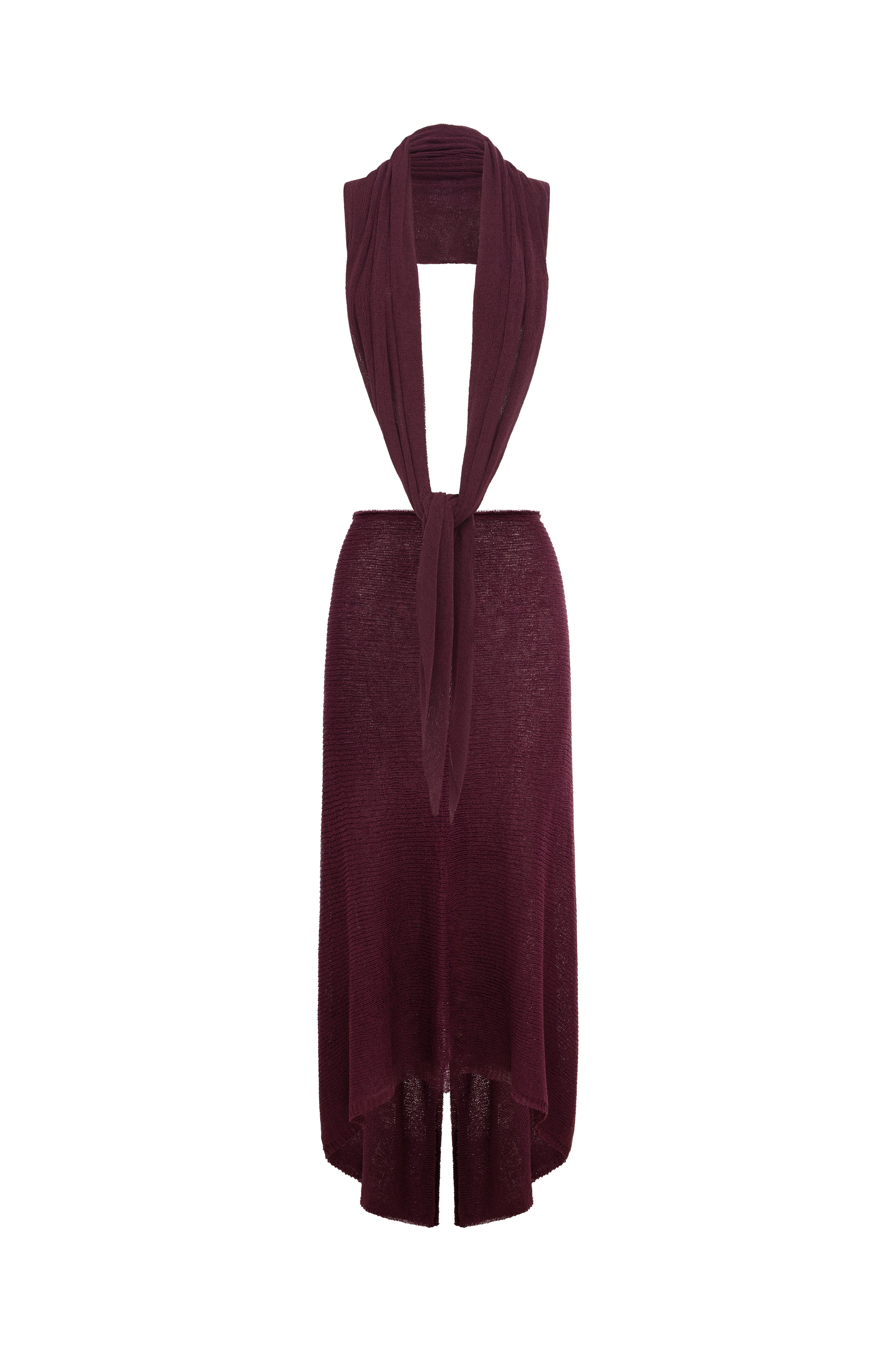 A burgundy knit draped top over a mannequin neck, styled back with a matching midi skirt, shown on a plain white background.