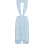 A light blue knit draped top over a mannequin neck against a plain white background.