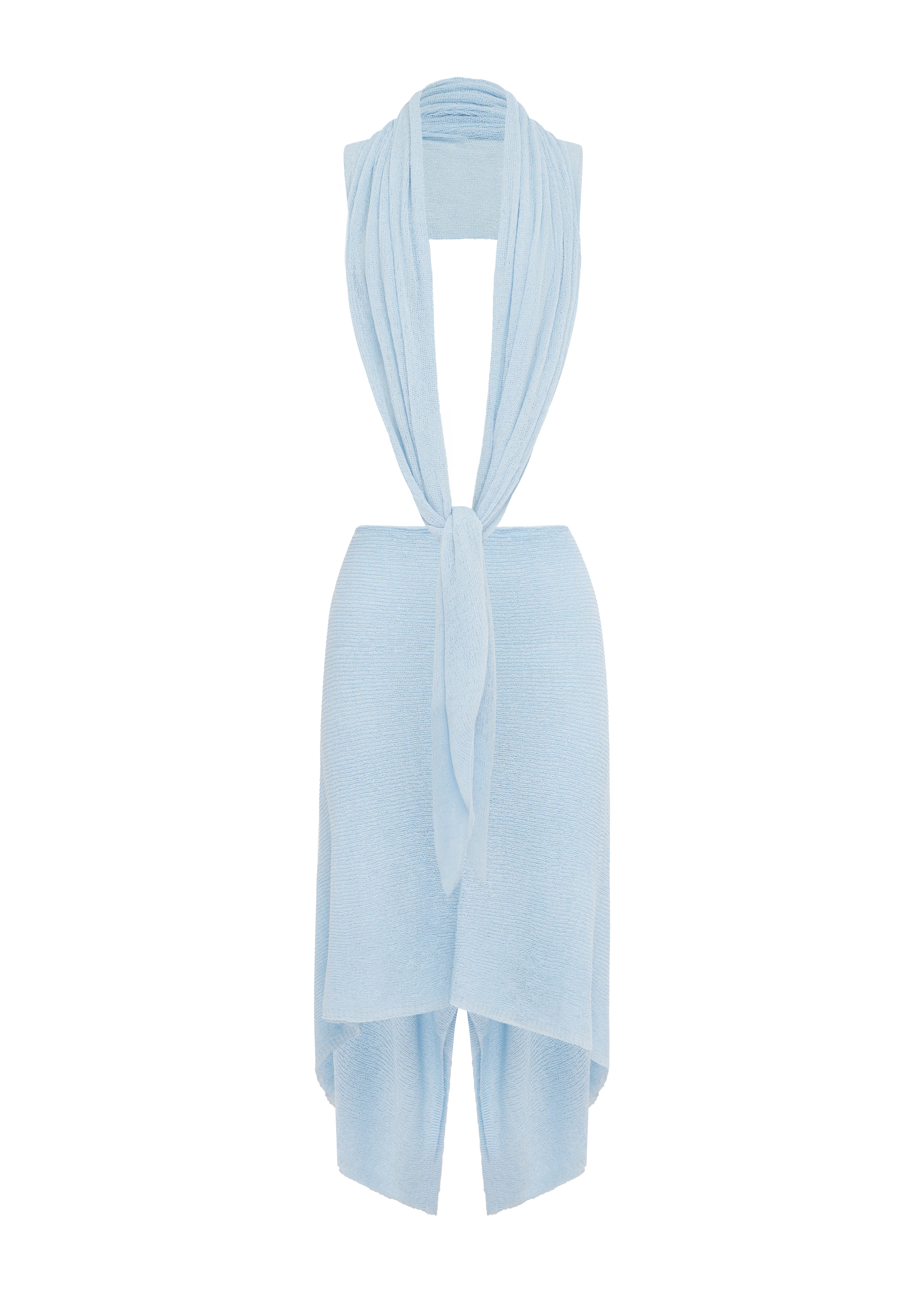 A light blue knit draped top over a mannequin neck against a plain white background.