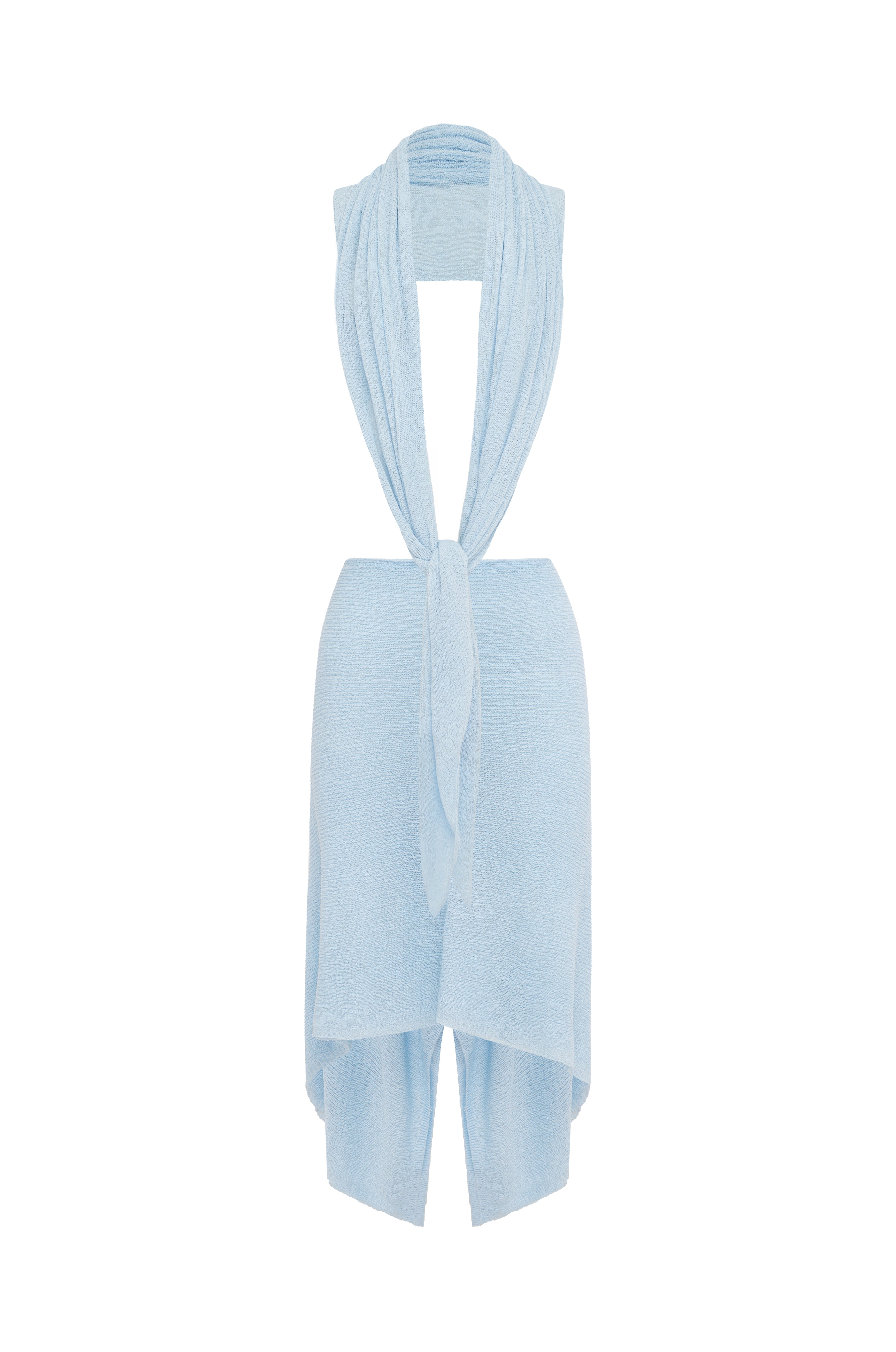 A light blue knit draped top over a mannequin neck against a plain white background.