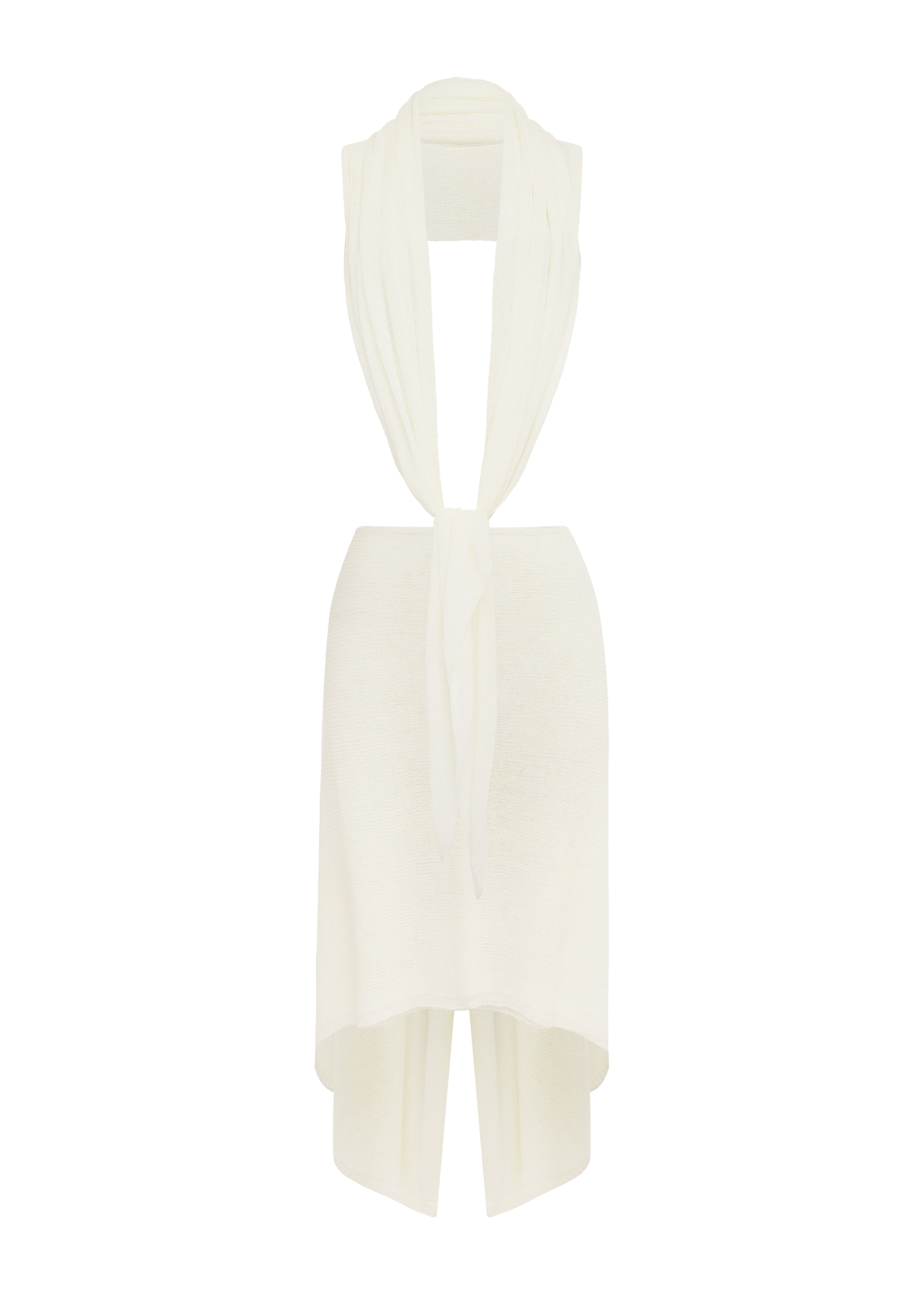 Ivory knit midi skirt with a V-back and draped, asymmetrical hem, styled with a matching drape top, shown against a plain white background.