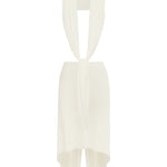 Ivory knit draped top over a mannequin neck against a plain white background.