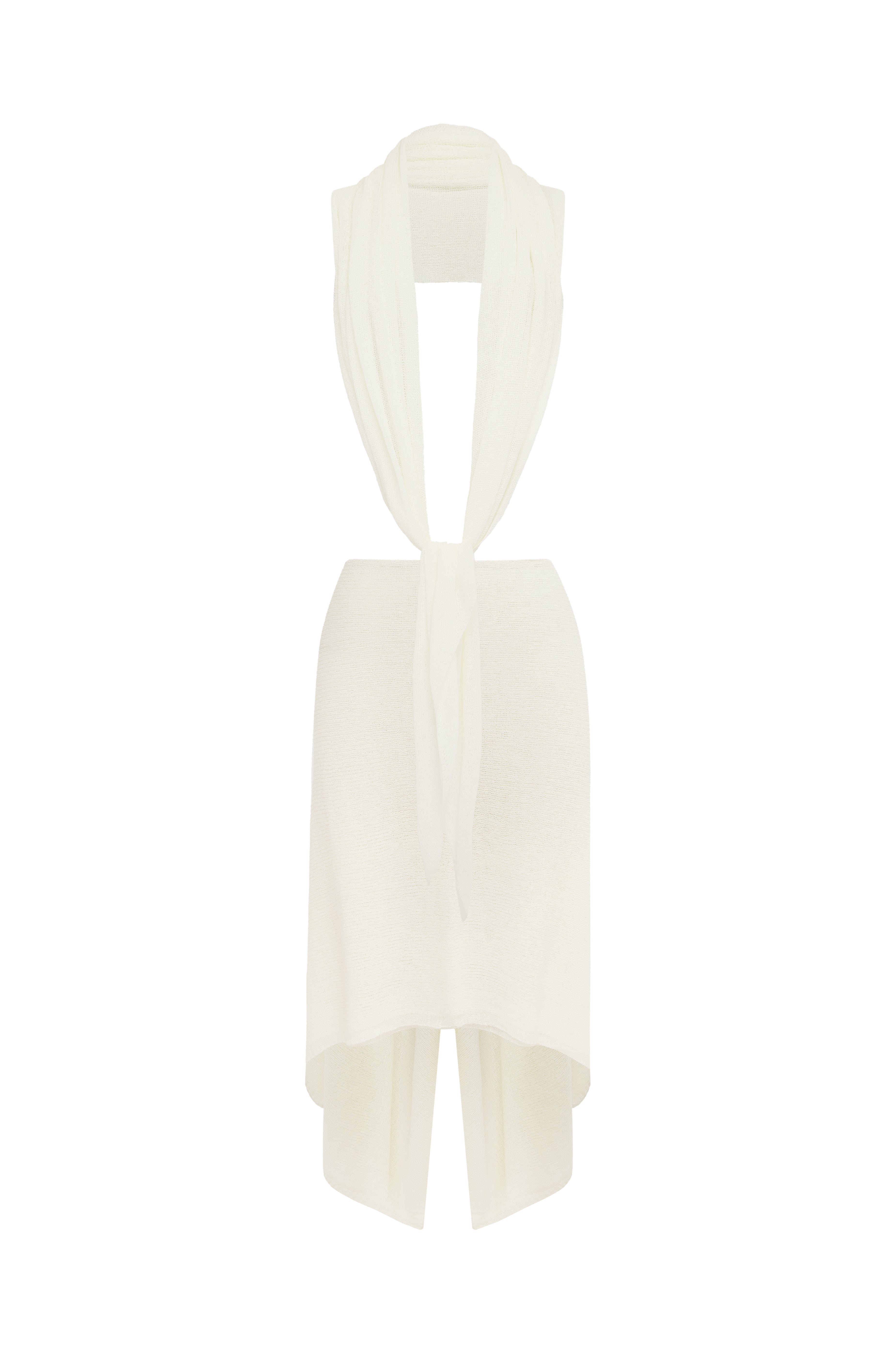 Ivory knit draped top over a mannequin neck against a plain white background.
