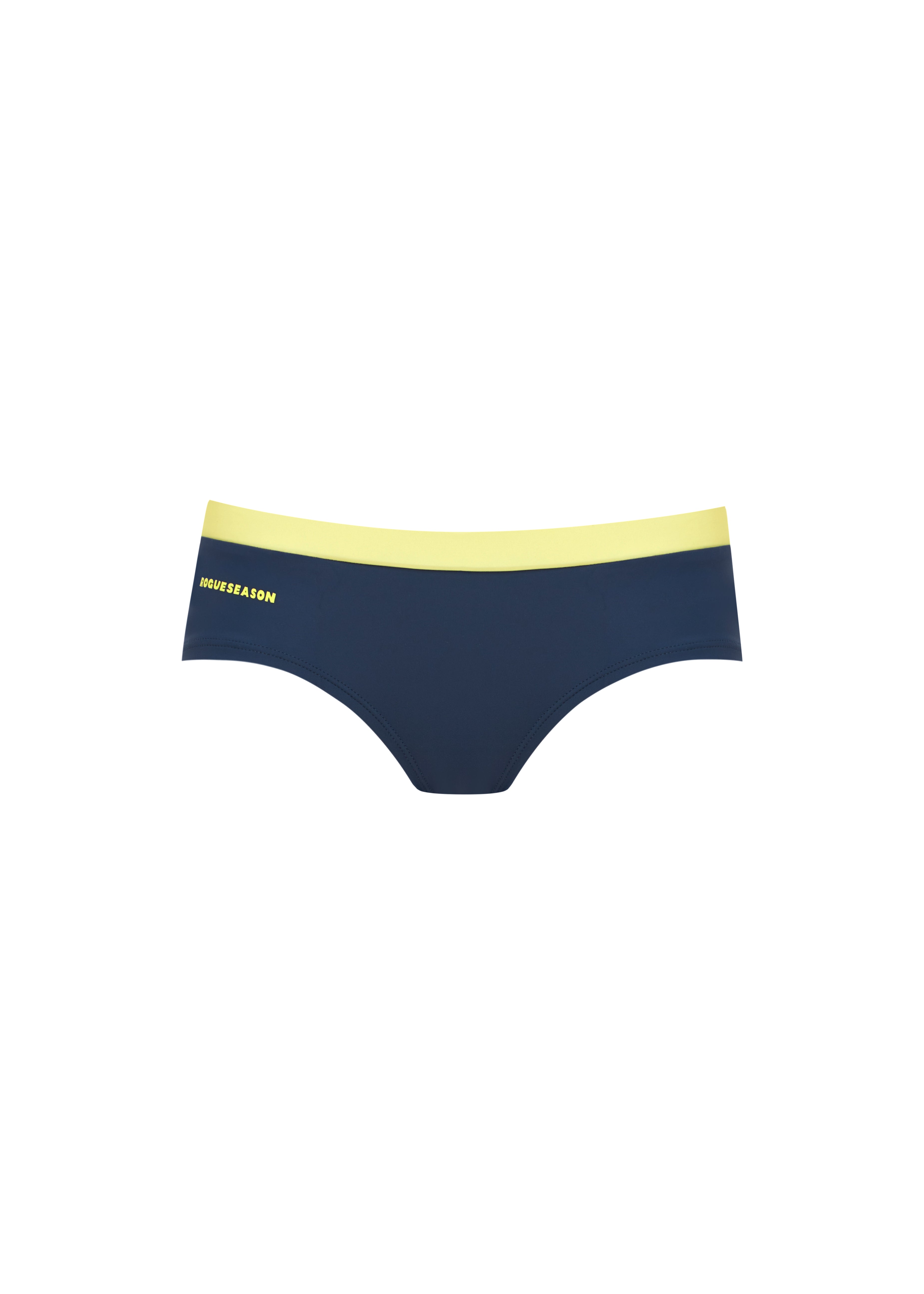 Low-rise bikini bottoms in navy with a yellow contrast waistband and a yellow logo, set on a white background.