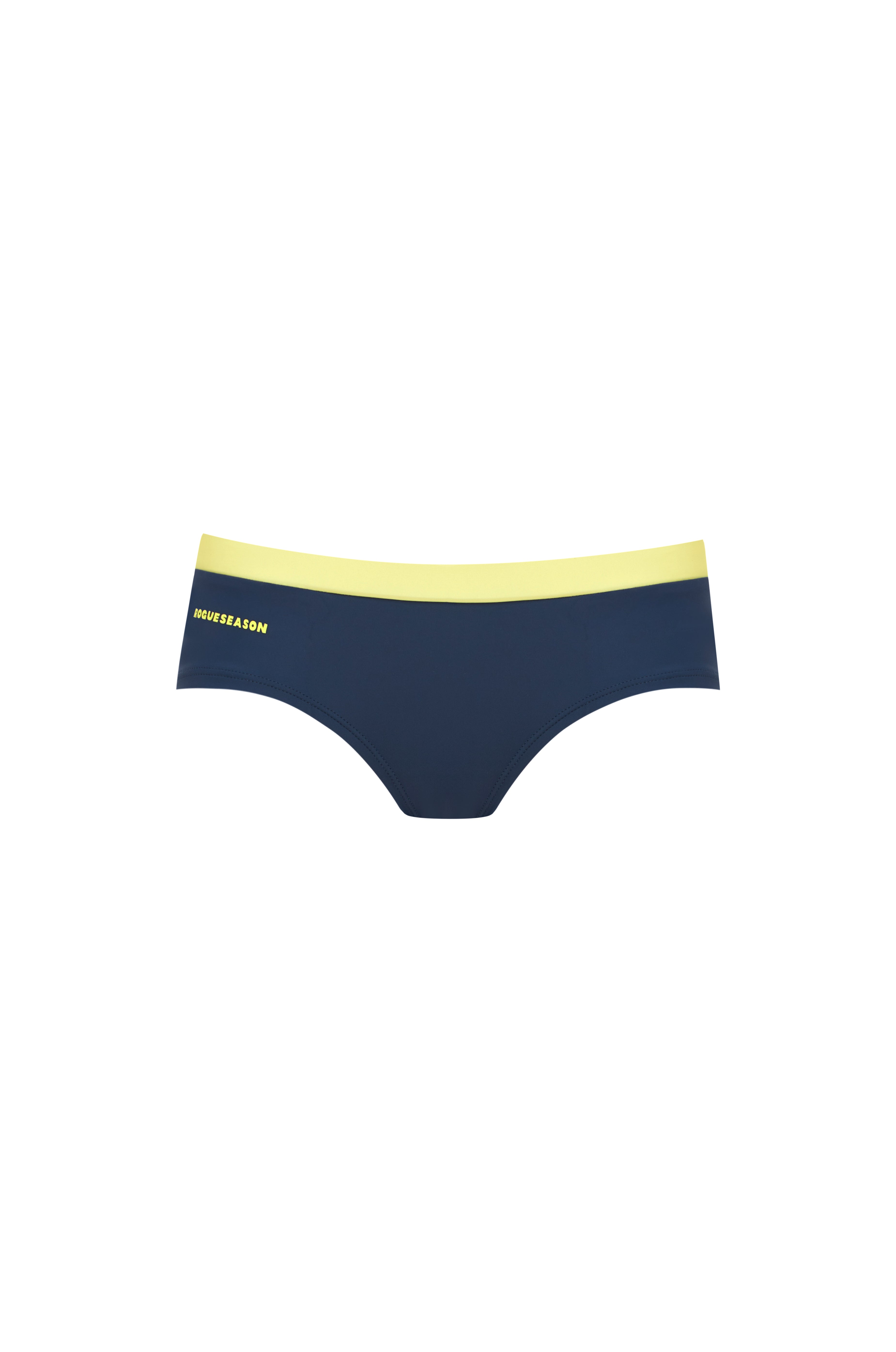 Low-rise bikini bottoms in navy with a yellow contrast waistband and a yellow logo, set on a white background.
