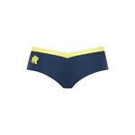 Low-rise bikini bottoms in navy with a yellow contrast waistband and a yellow logo, set on a white background.