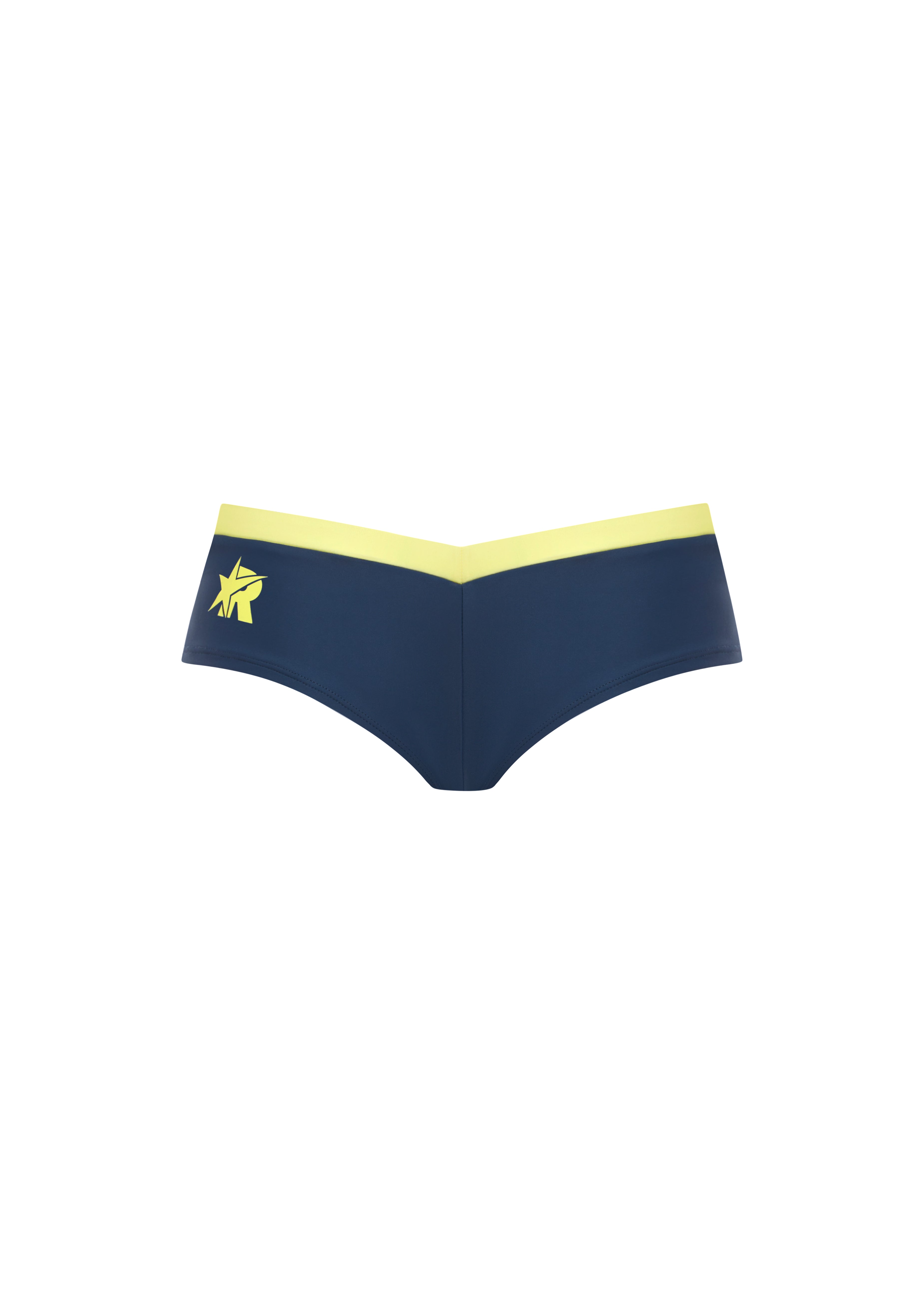 Low-rise bikini bottoms in navy with a yellow contrast waistband and a yellow logo, set on a white background.
