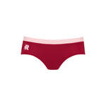 Low-rise bikini bottoms in cherry with a light pink waistband and a pink logo, set on a white background.