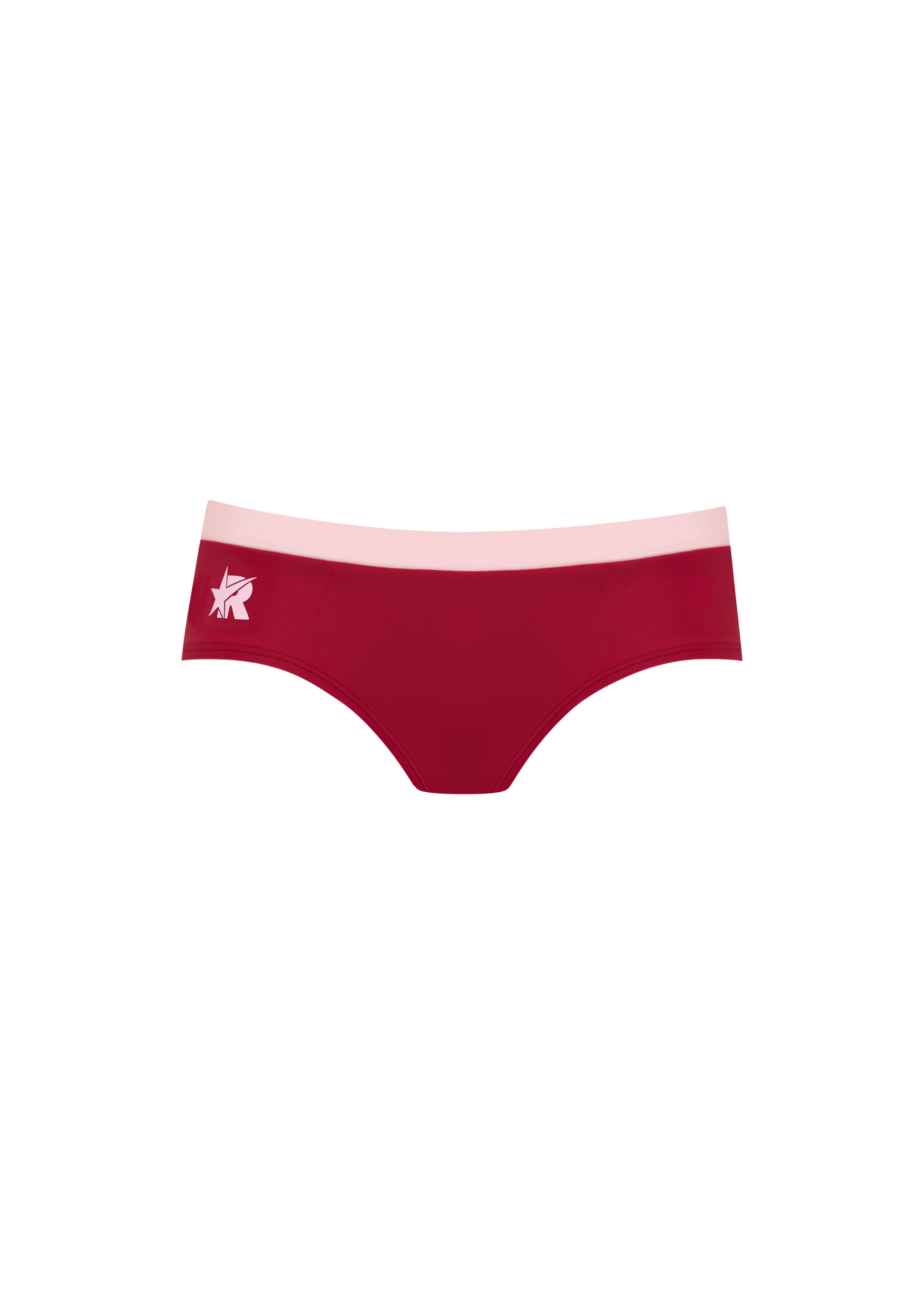 Low-rise bikini bottoms in cherry with a light pink waistband and a pink logo, set on a white background.