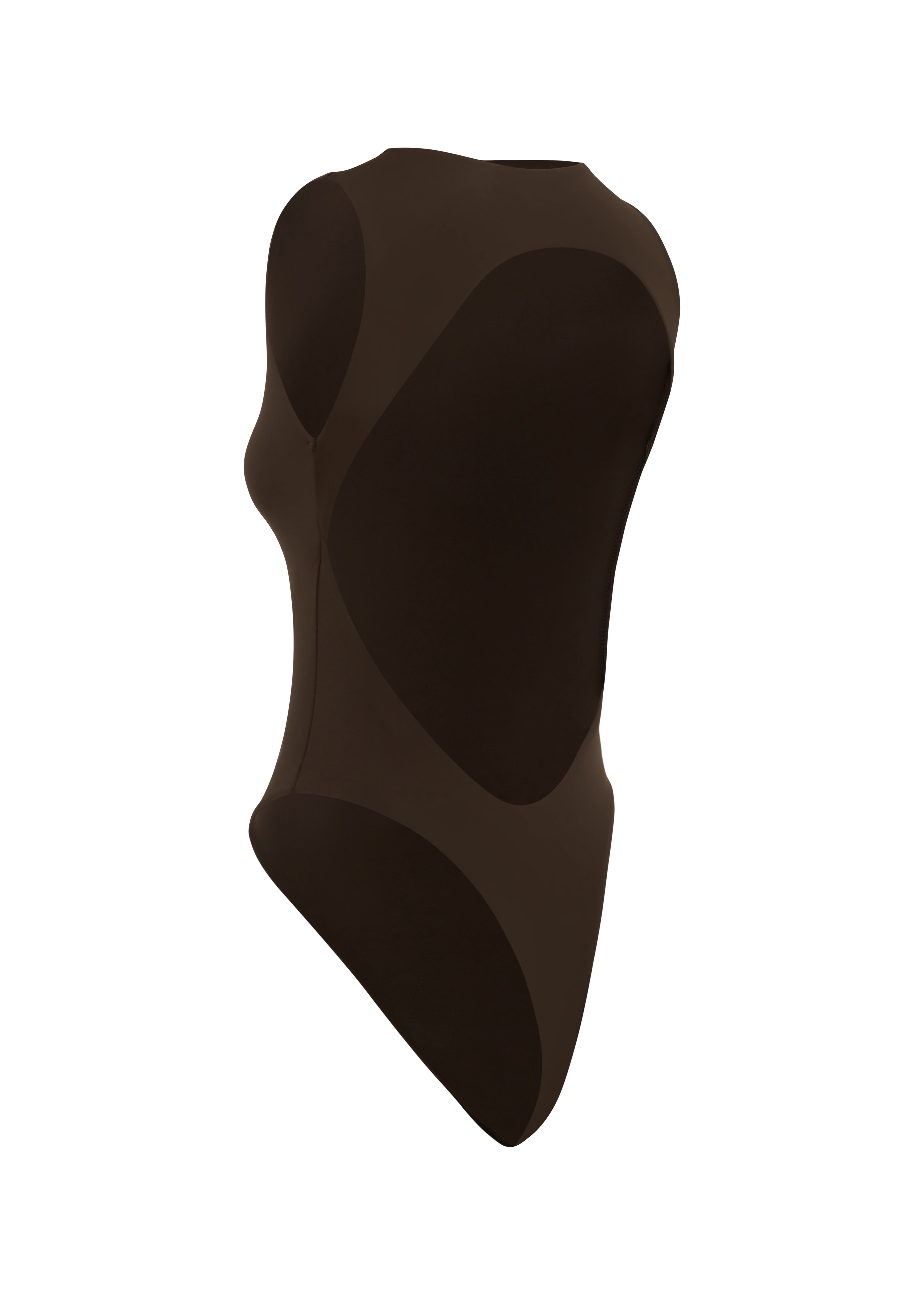Back shot of dark brown cut out swimsuit on a white background.