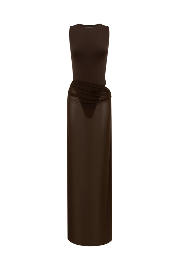 Dark brown bodysuit with a matching sheer maxi skirt with a fitted silhouette, on a white background.