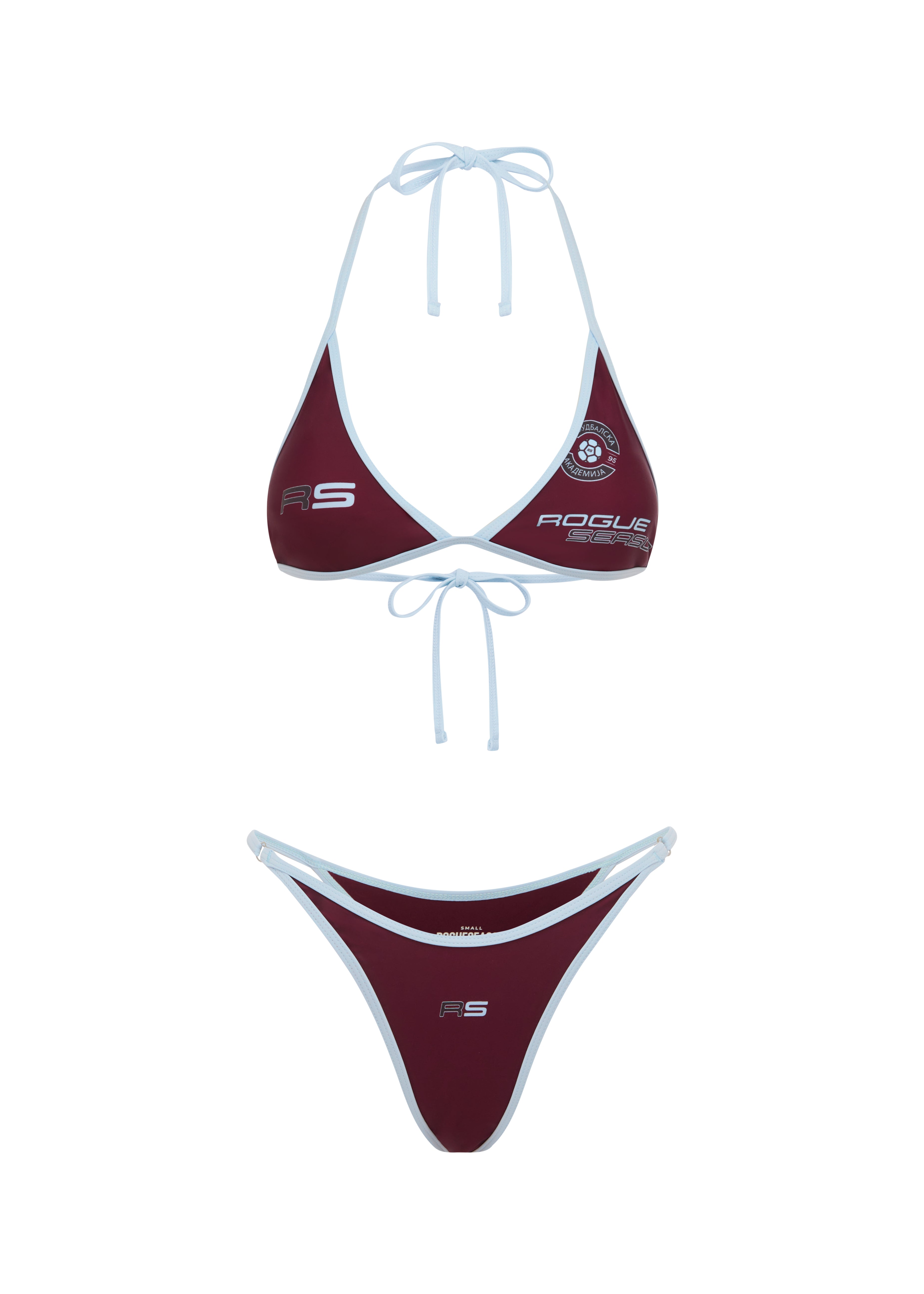 A two-piece bikini set featuring a burgundy triangle top and matching bottom with baby blue trim. The top has s printed logo, including 'ROQUE SEASON' and a crest, while the bottom features a small 'RS' logo.