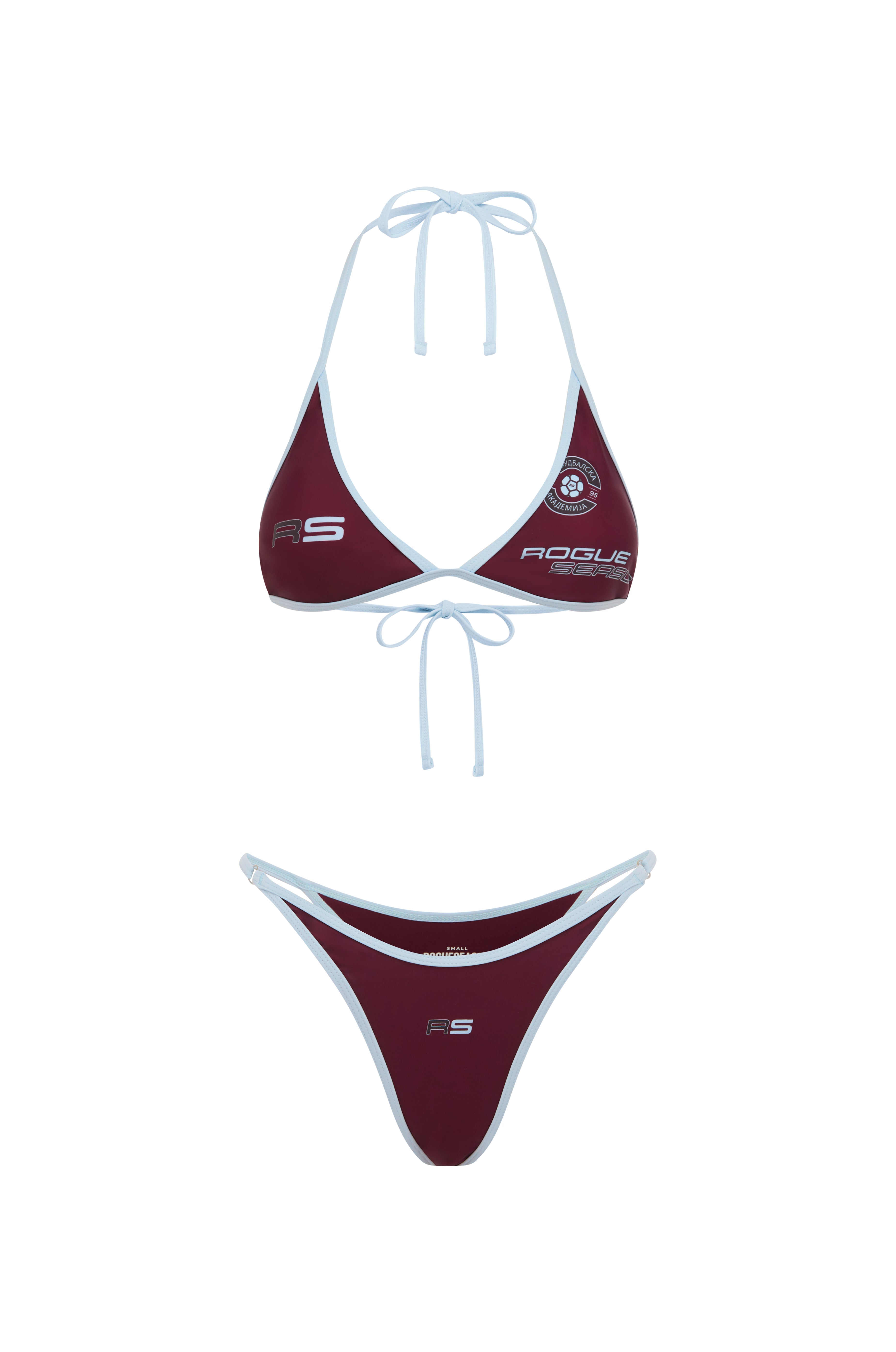 Deep purple bikini set with baby blue trim, photographed on a white background.