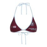 A halter bikini top in burgundy with baby blue straps and trim, featuring logo graphics including the word 'ROGUE SEASON' and a crest on the right cup, shown against a plain white background.