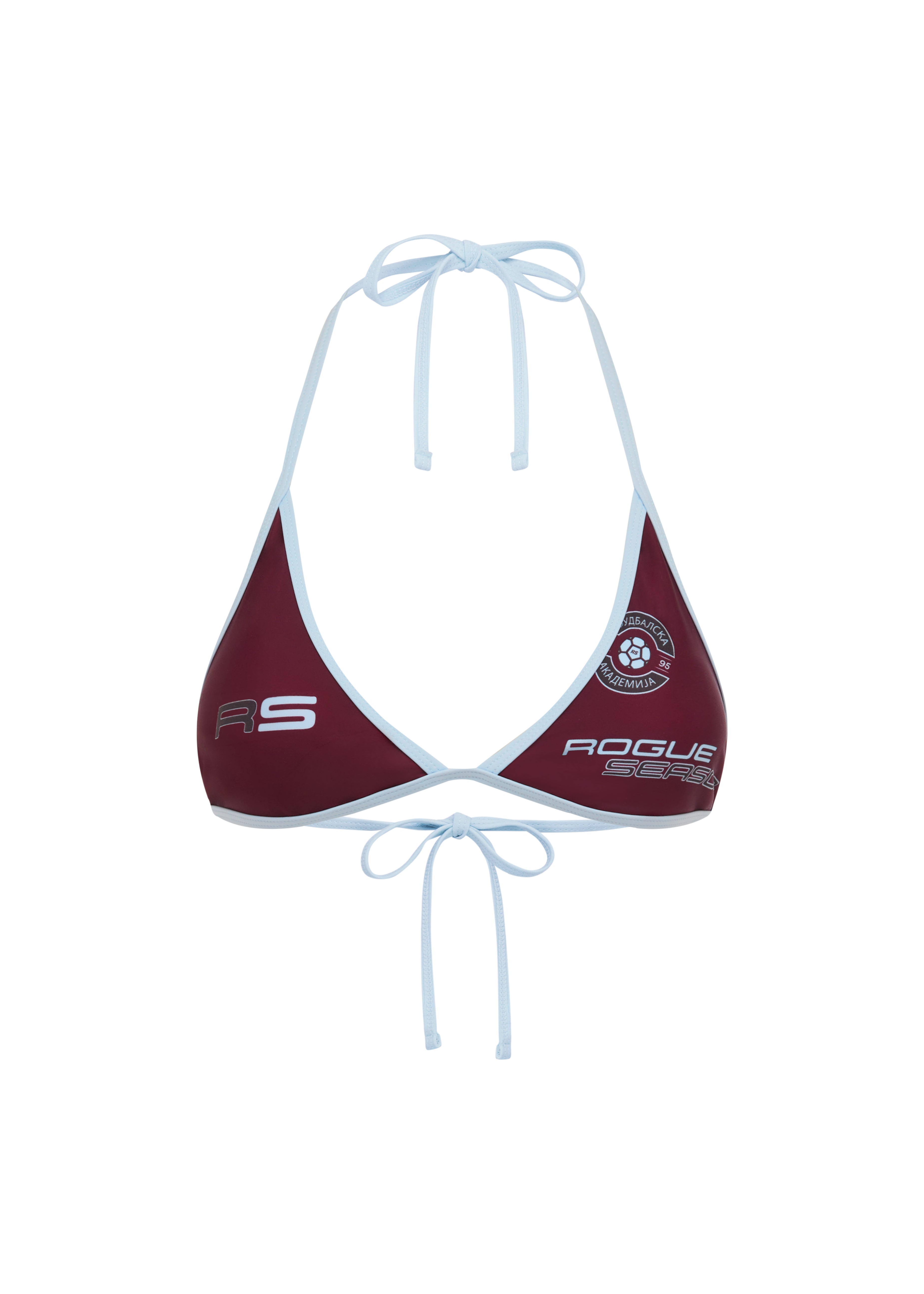 A halter bikini top in burgundy with baby blue straps and trim, featuring logo graphics including the word 'ROGUE SEASON' and a crest on the right cup, shown against a plain white background.