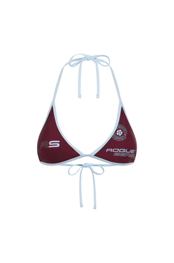 A halter bikini top in burgundy with baby blue straps and trim, featuring logo graphics including the word 'ROGUE SEASON' and a crest on the right cup, shown against a plain white background.