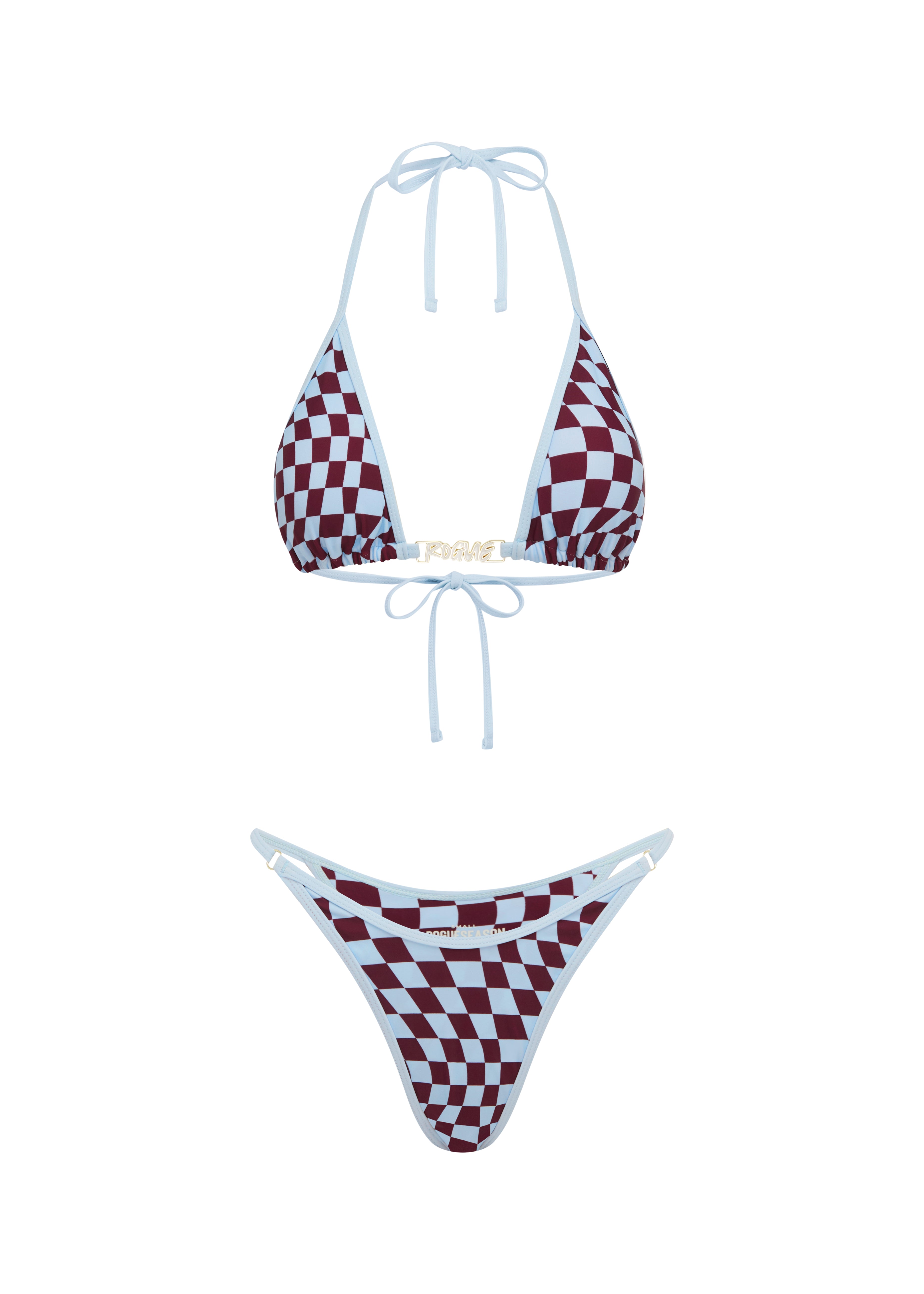 A two-piece bikini set featuring a burgundy and baby blue checkerboard pattern with baby blue trim and tie straps, displayed against a solid white background.