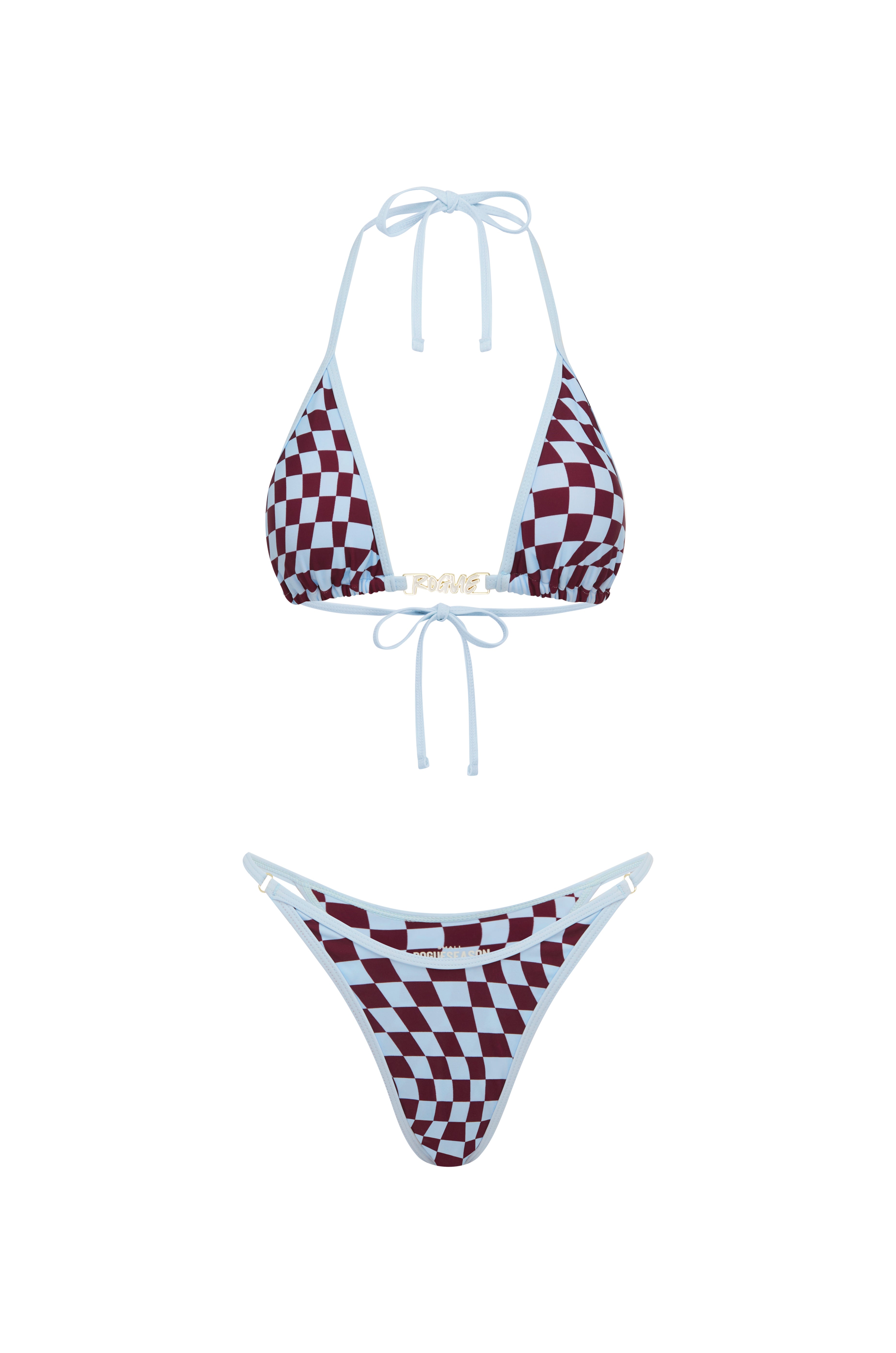 A two-piece bikini set featuring a burgundy and baby blue checkerboard pattern with baby blue trim, modelled at the beach.