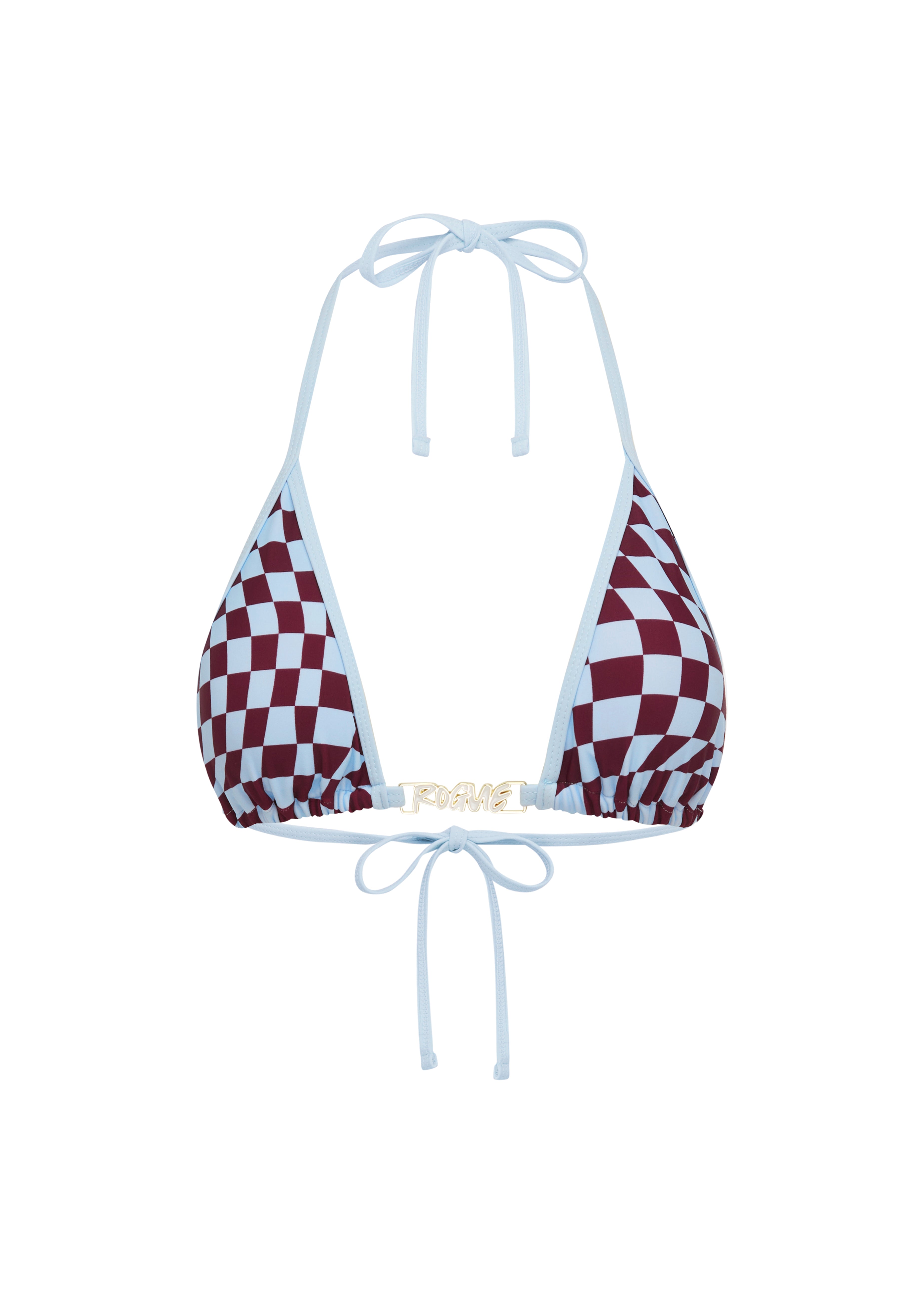 A triangle bikini top with a burgundy and baby blue checkerboard pattern, featuring a small 'Rogue Season' gold logo on the center band, shown against a plain white background.