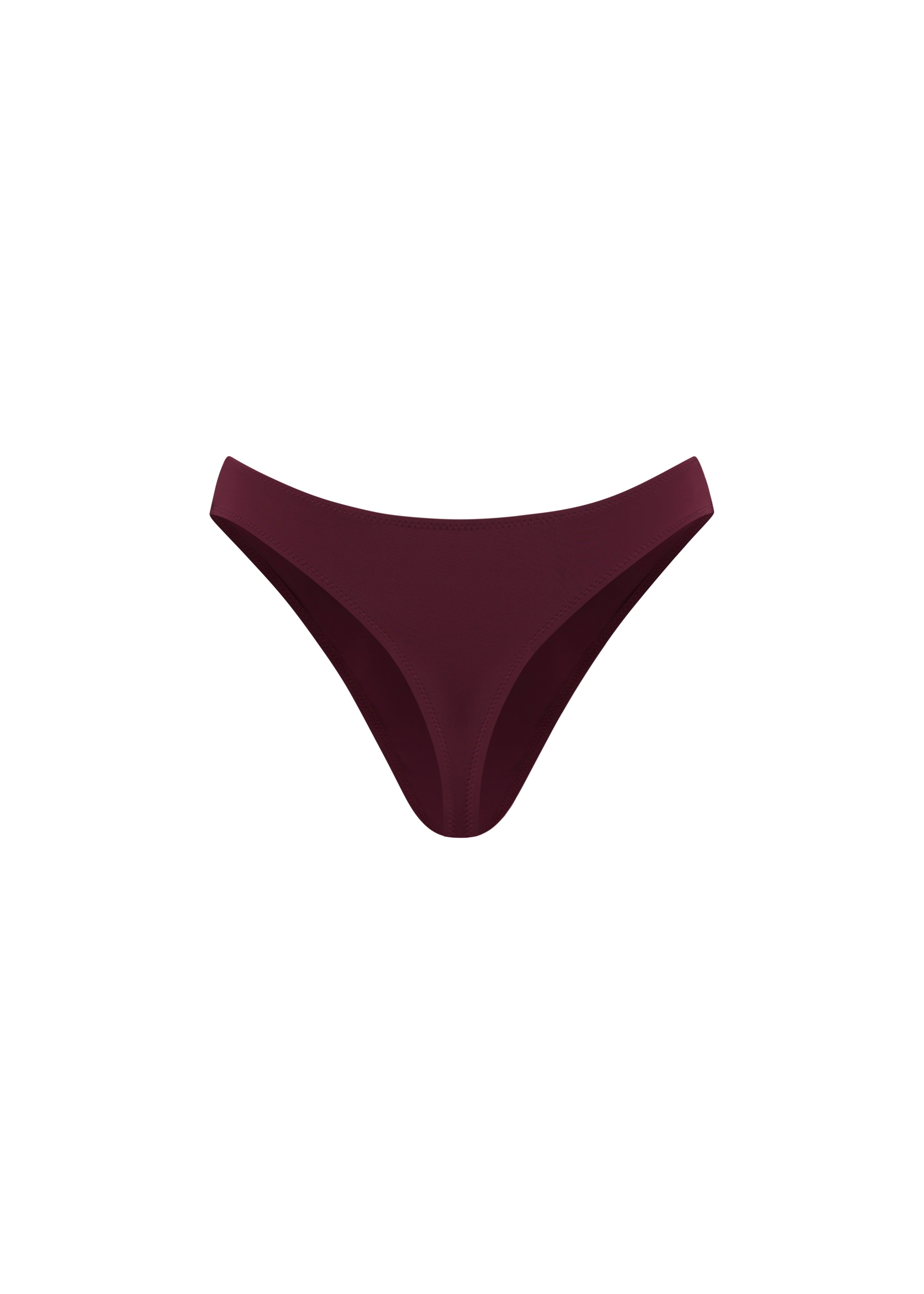 High rise bikini bottoms in a deep burgundy colour, presented on a solid white background.