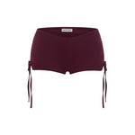 Micro burgundy shorts with side tie details, shown against a plain white background.