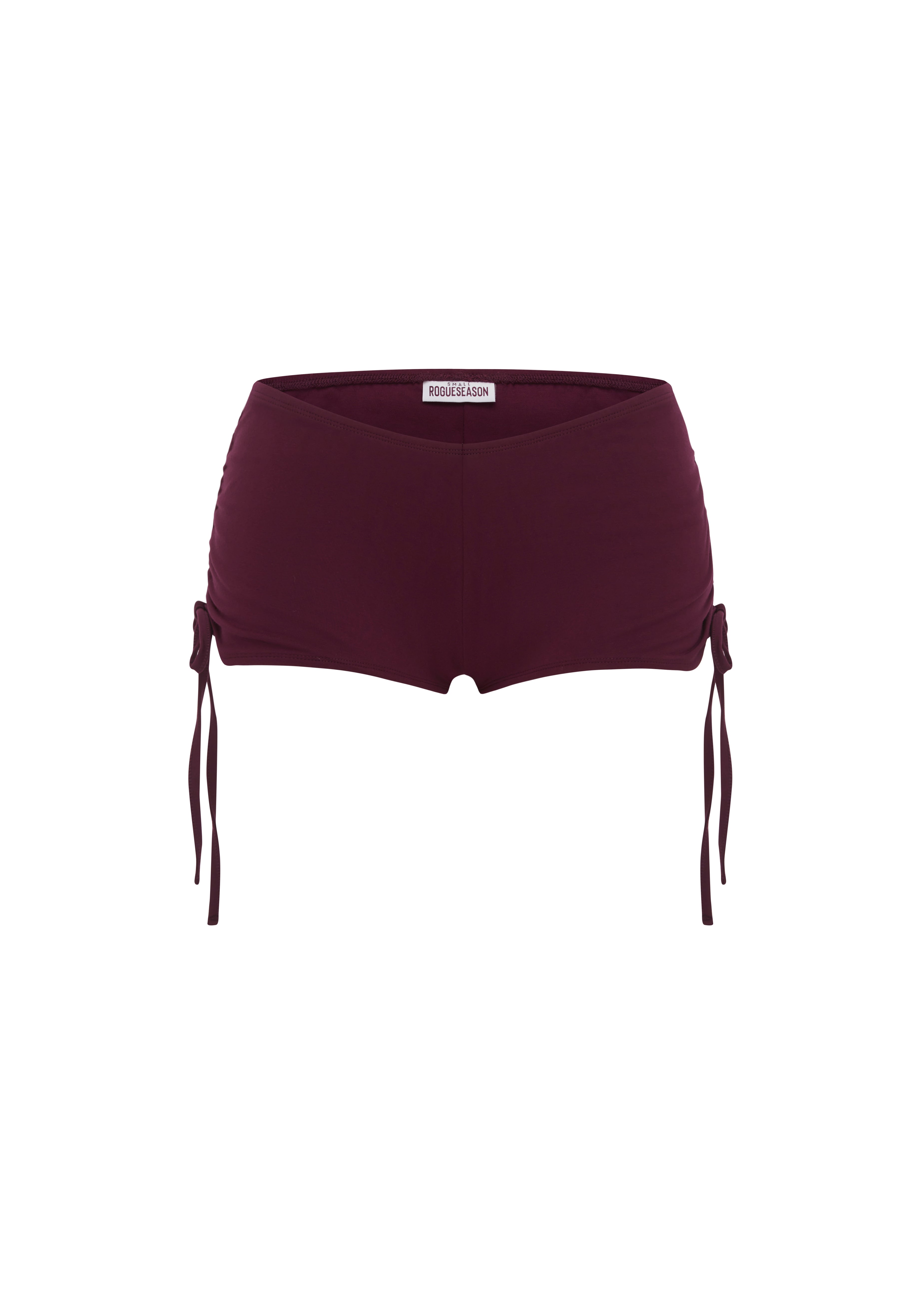 Micro burgundy shorts with side tie details, shown against a plain white background.