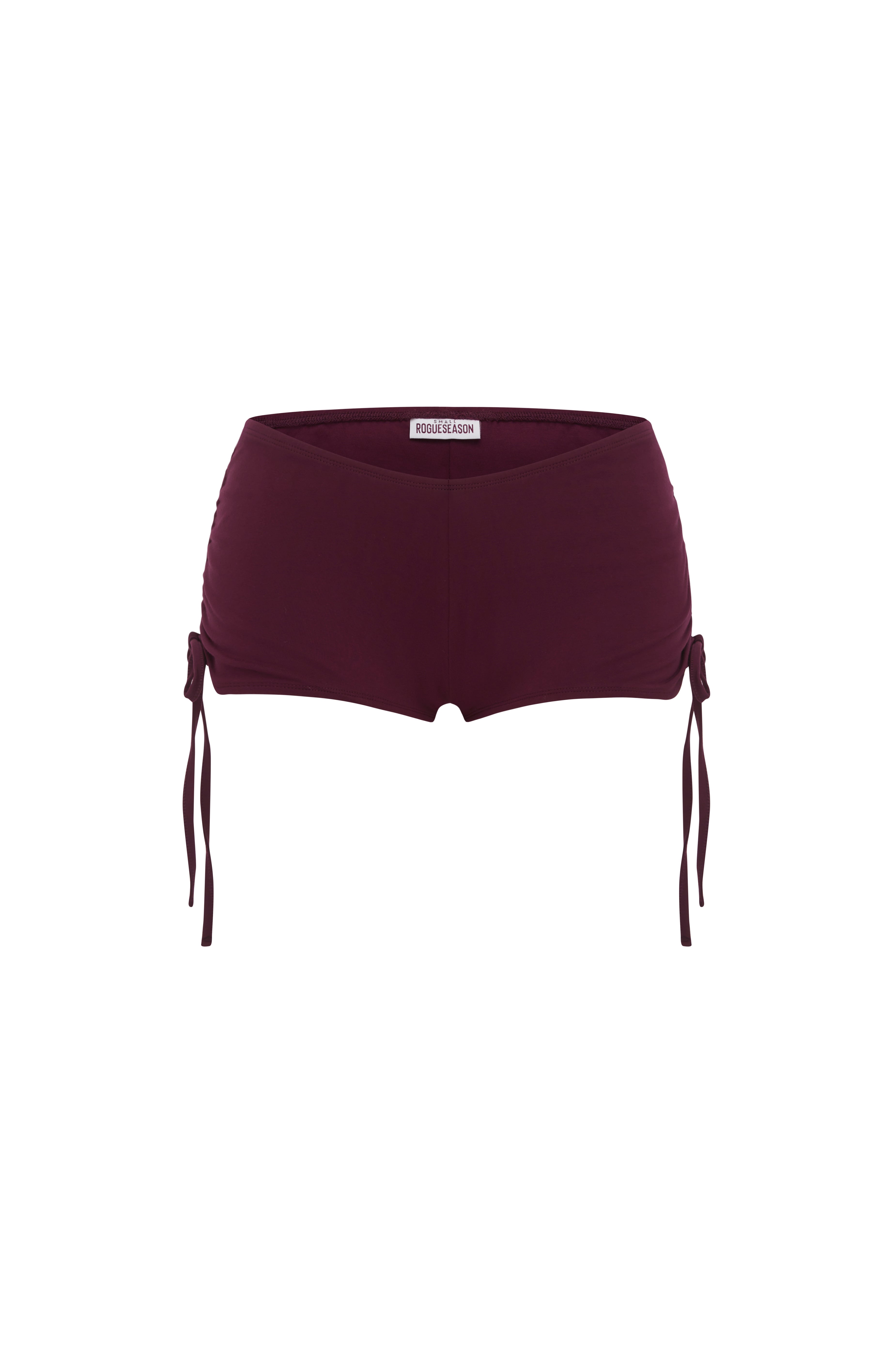 Micro burgundy shorts with side tie details, shown against a plain white background.