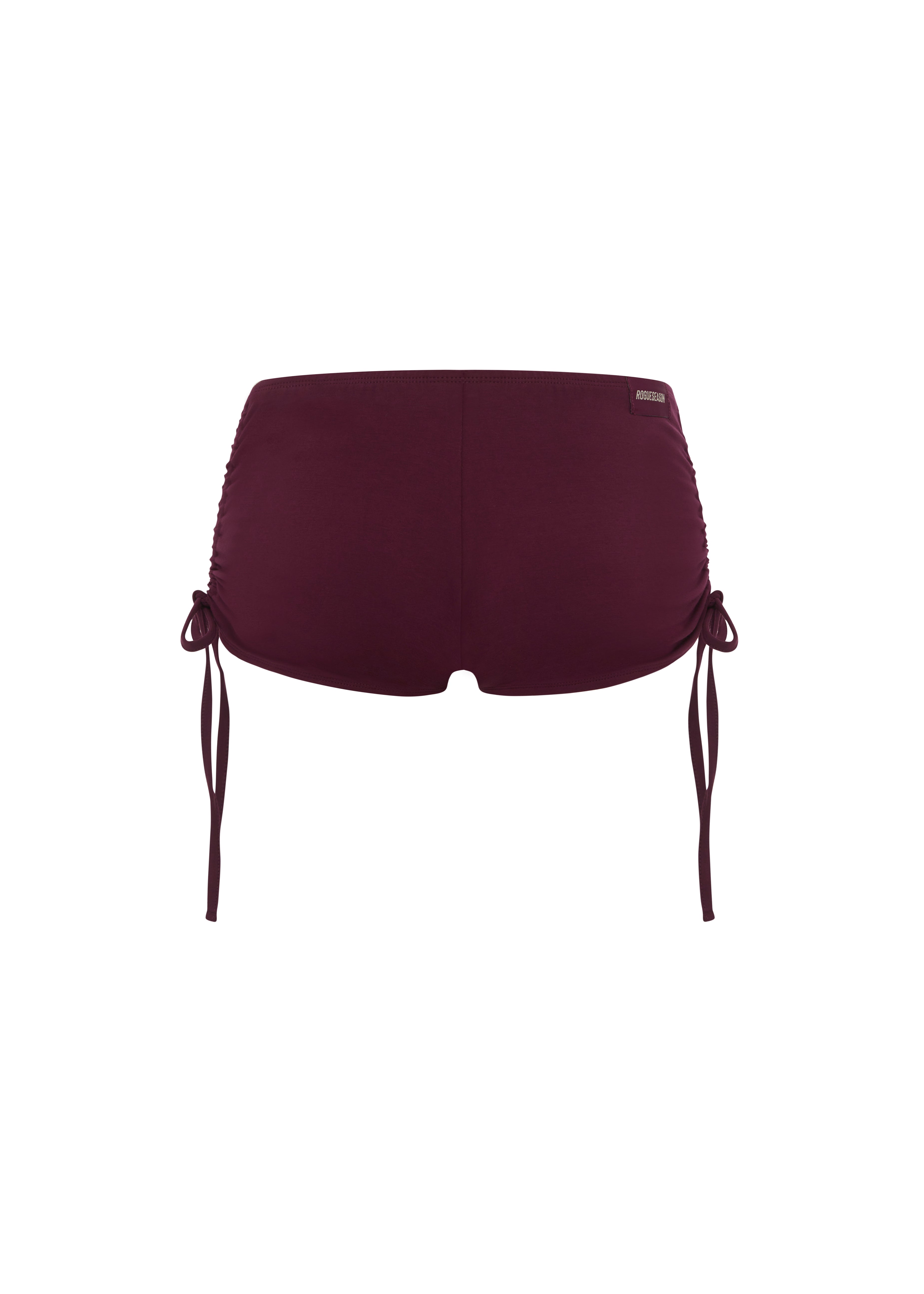Micro burgundy shorts with side tie details, shown against a plain white background.
