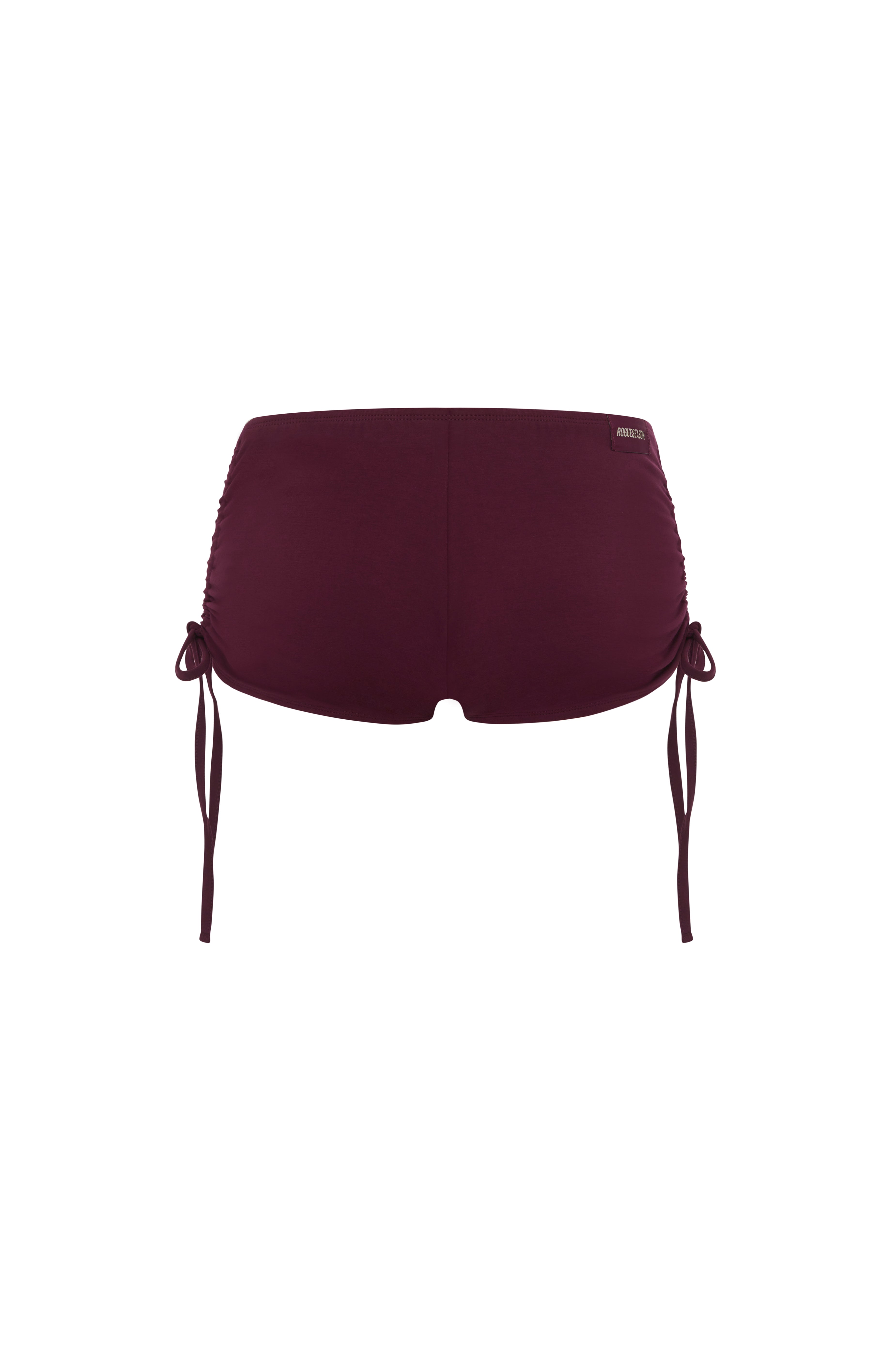 Micro burgundy shorts with side tie details, shown against a plain white background.