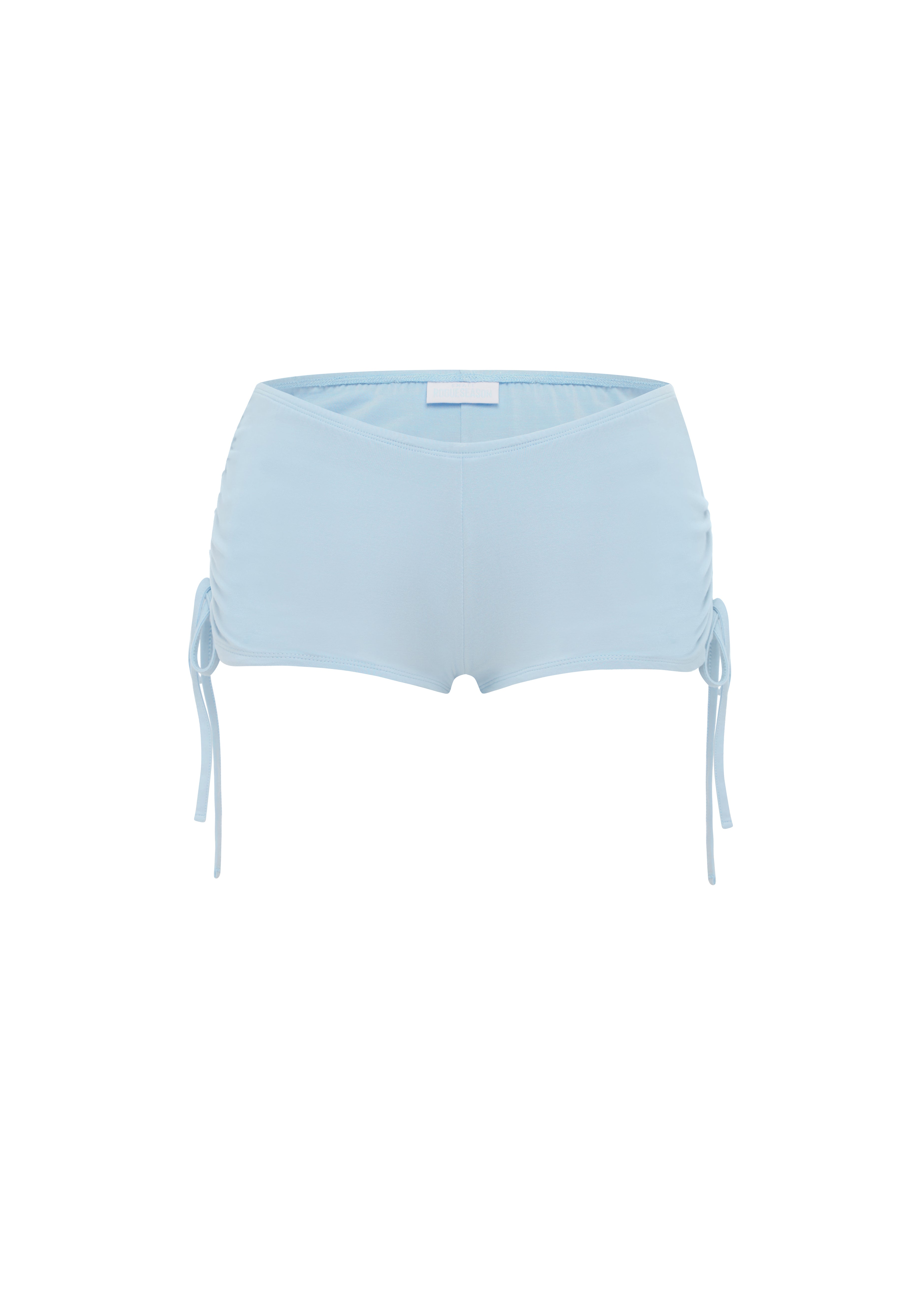Light blue micro shorts with side tie details, shown flat against a solid white background.