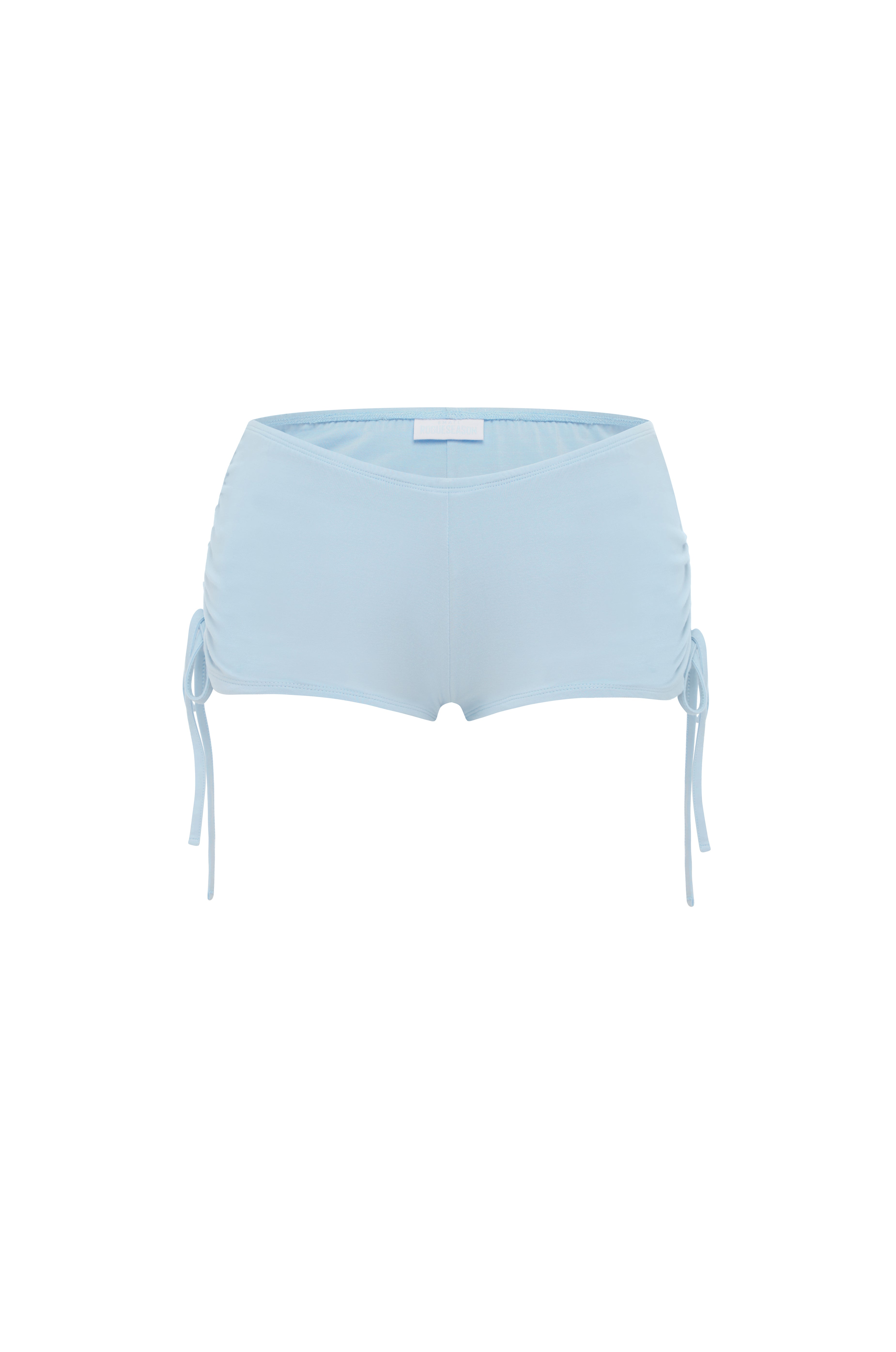 Light blue micro shorts with side tie details, shown flat against a solid white background.