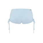 Light blue micro shorts with side tie details, shown flat against a solid white background.