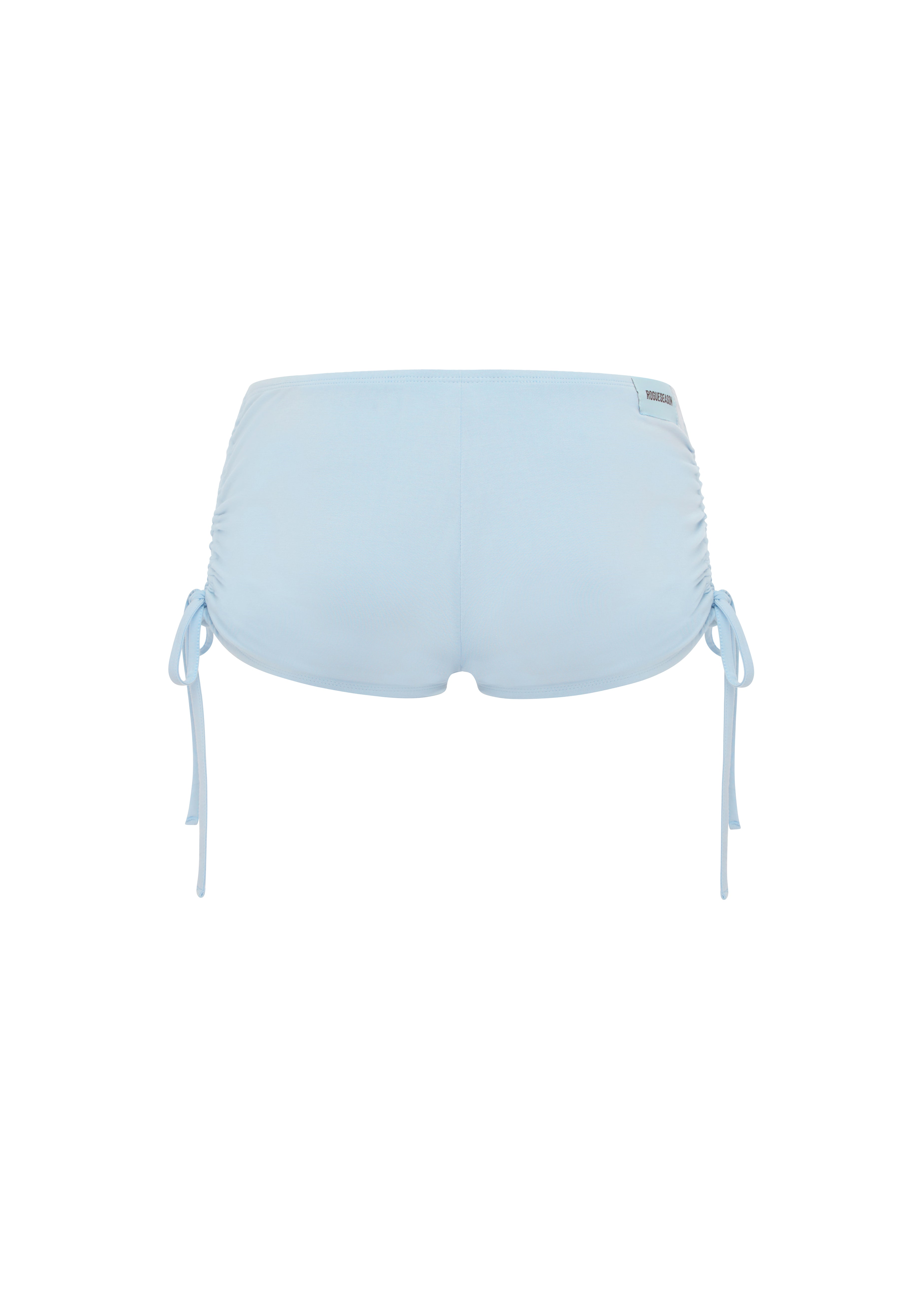 Light blue micro shorts with side tie details, shown flat against a solid white background.