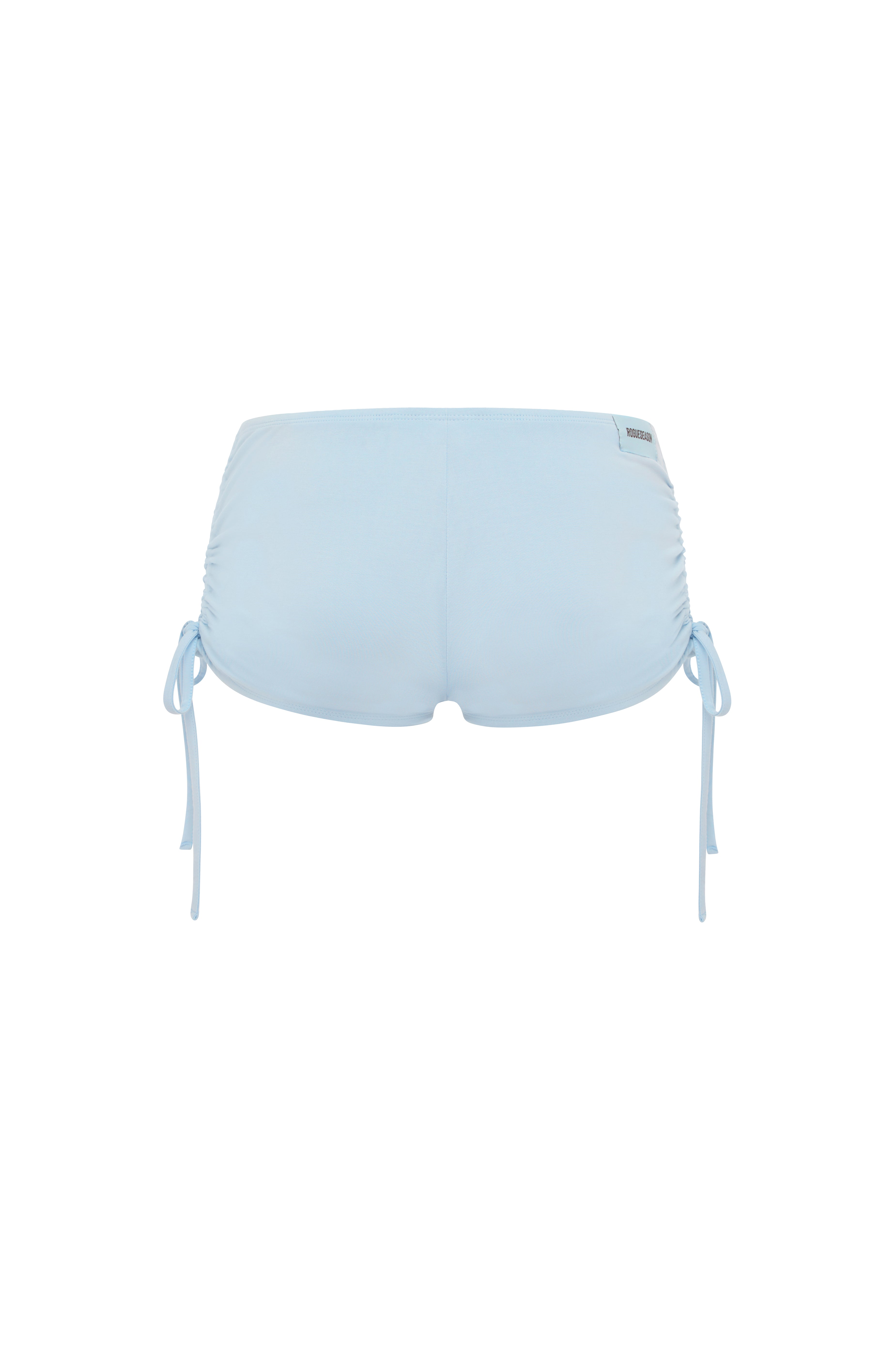 Light blue micro shorts with side tie details, shown flat against a solid white background.