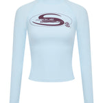 A baby blue long-sleeve rash top with a mock neck, featuring a burgundy 'Rogue Season' logo printed on the center chest, shown against a plain white background.