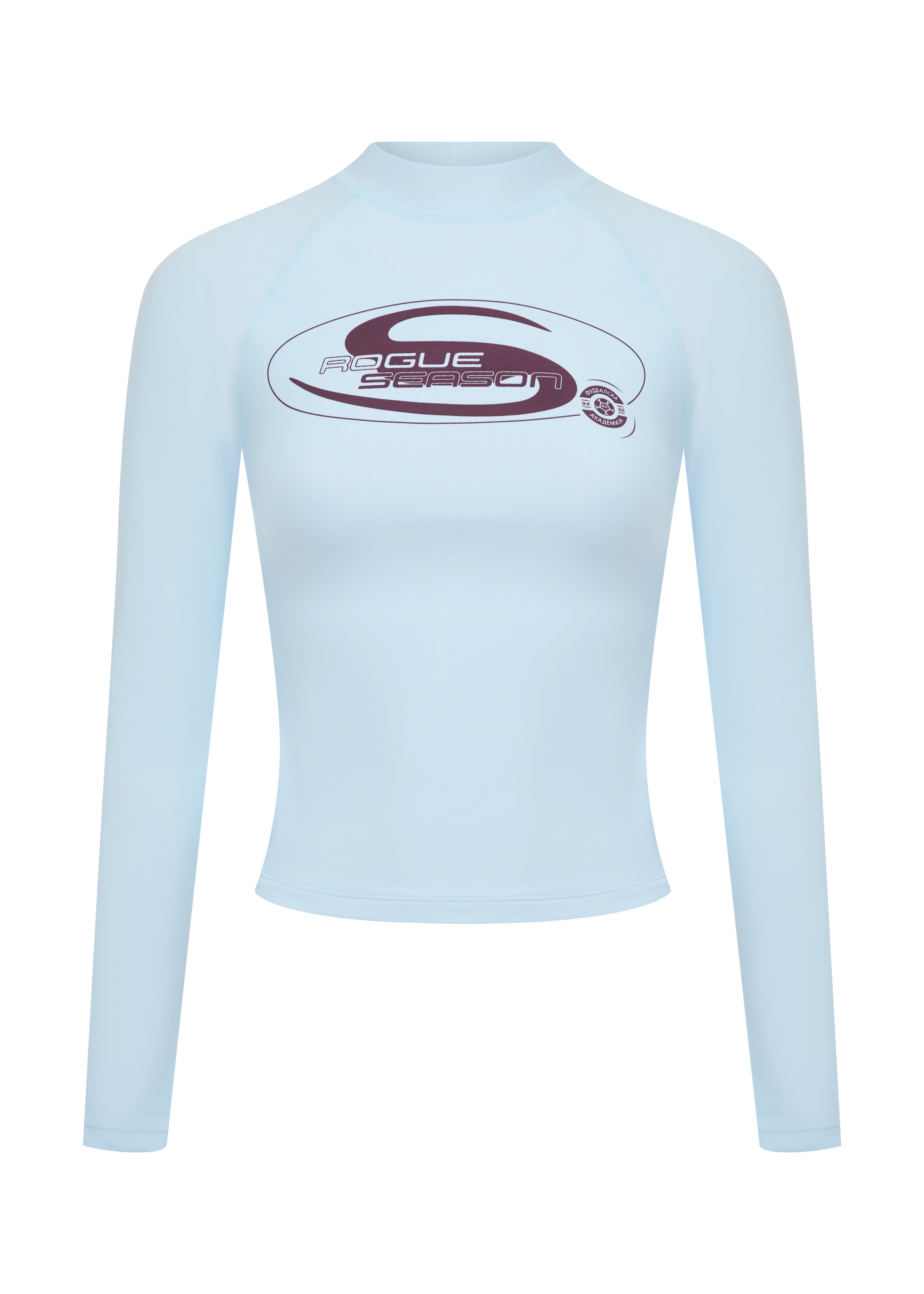 A baby blue long-sleeve rash top with a mock neck, featuring a burgundy 'Rogue Season' logo printed on the center chest, shown against a plain white background.