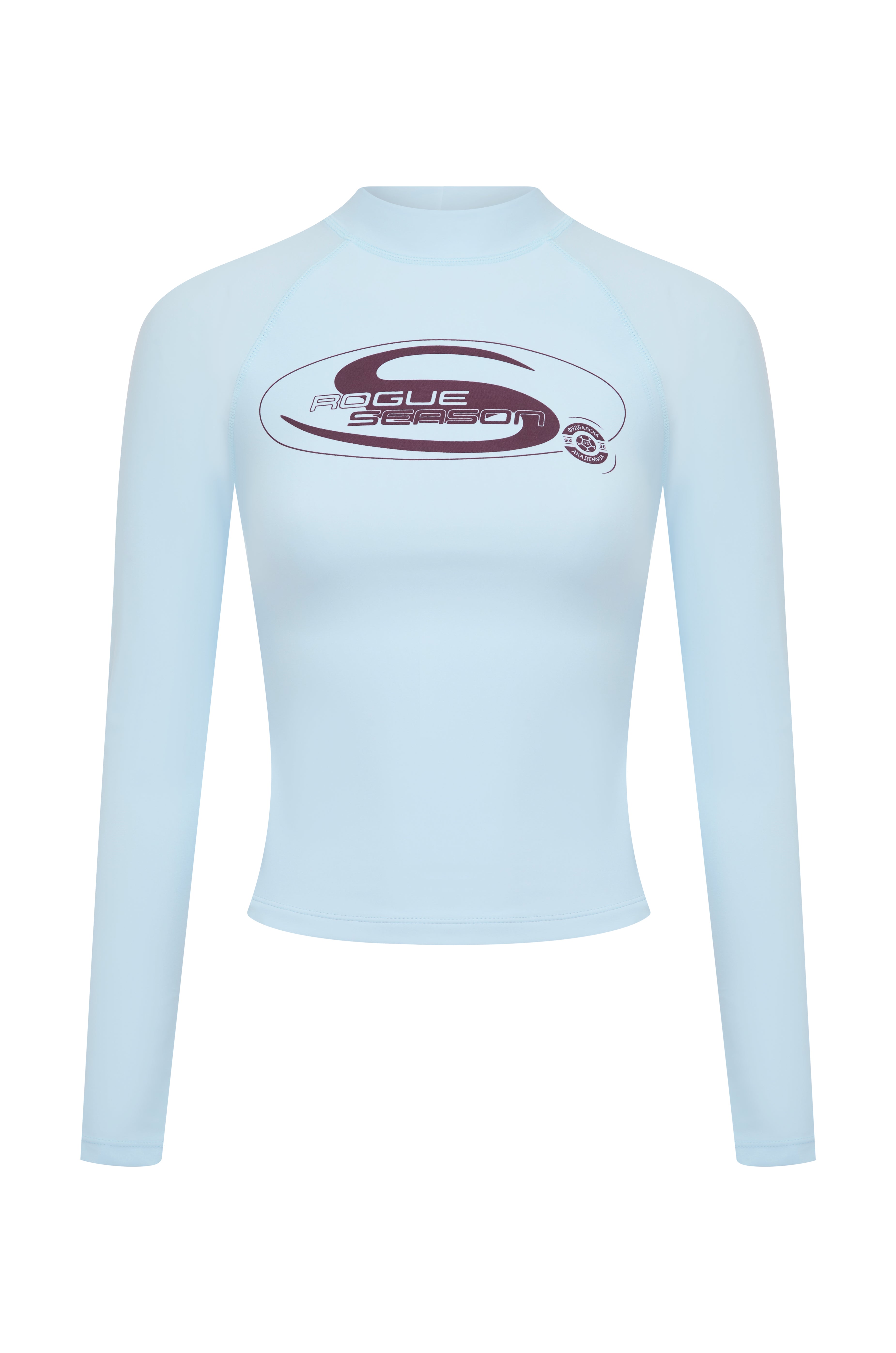 A baby blue long-sleeve rash top with a mock neck, featuring a burgundy 'Rogue Season' logo printed on the center chest, shown against a plain white background.