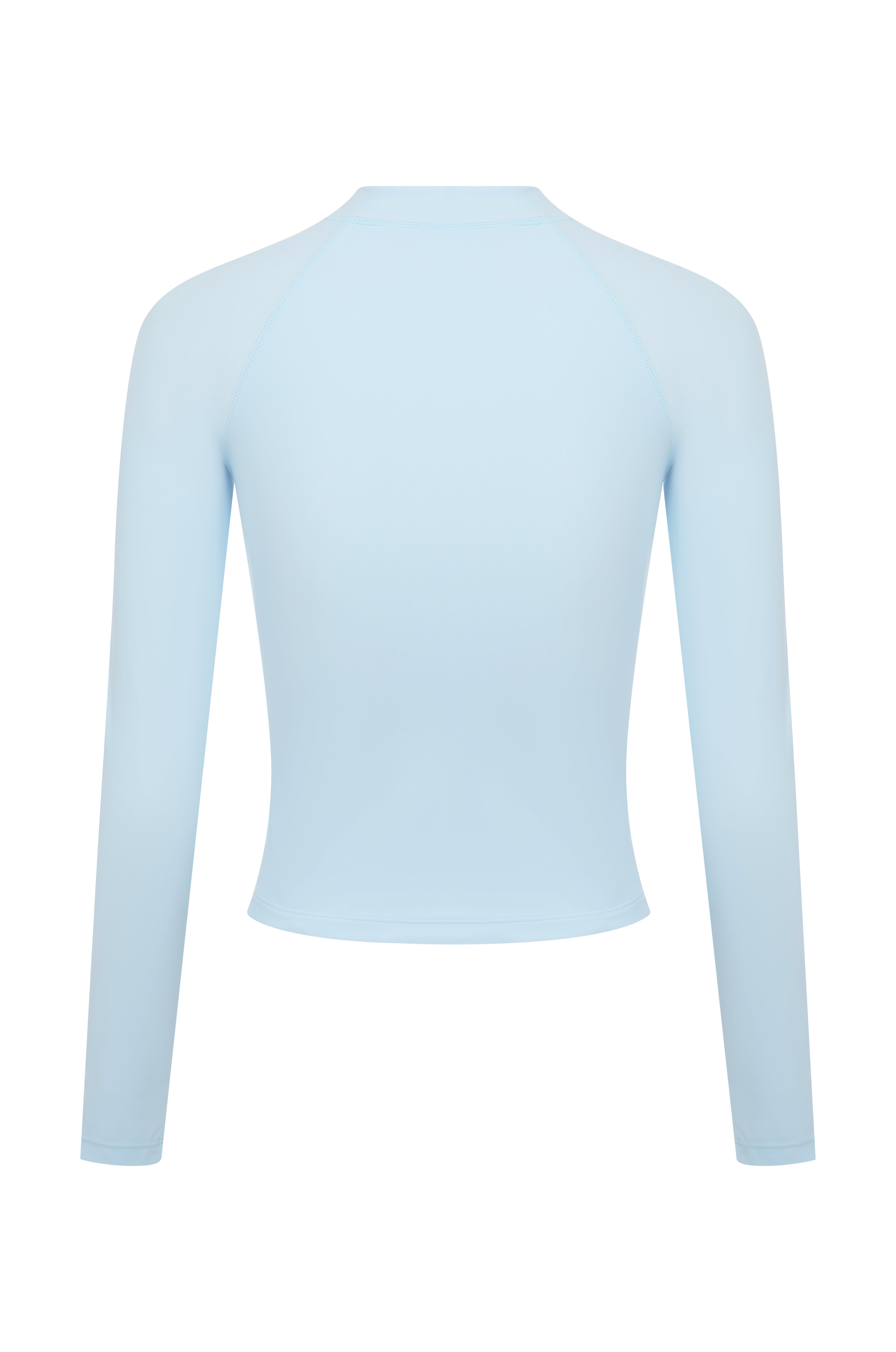 Baby  blue long-sleeve top, shown from the back on a plain white background.