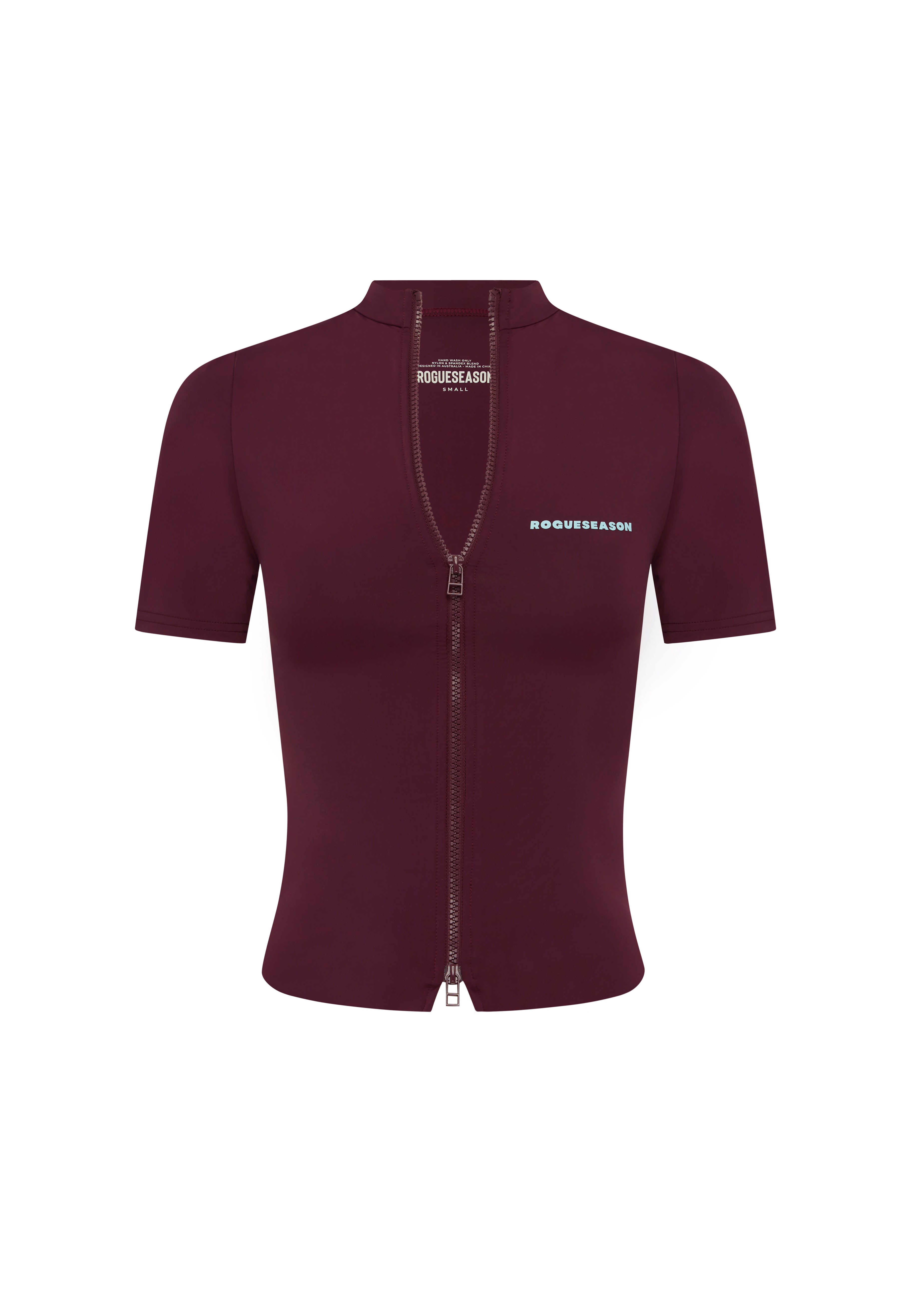 A short-sleeve, fitted zip-up jacket in deep burgundy, featuring a high mock neck, a front zipper, and blue text branding on the chest, displayed on a solid white background.