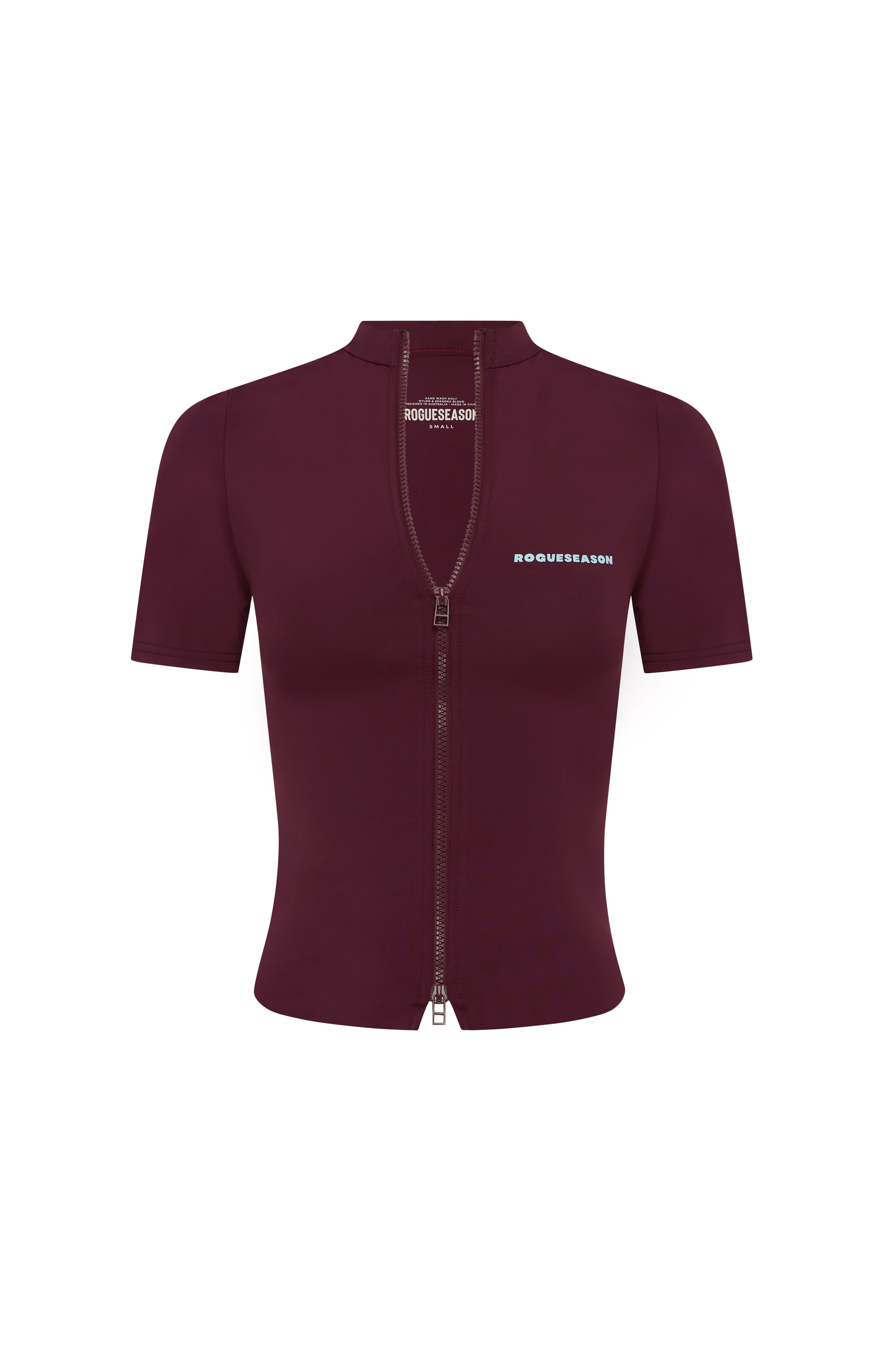 A short-sleeve, fitted zip-up jacket in deep burgundy, featuring a high mock neck, a front zipper, and blue text branding on the chest, displayed on a solid white background.